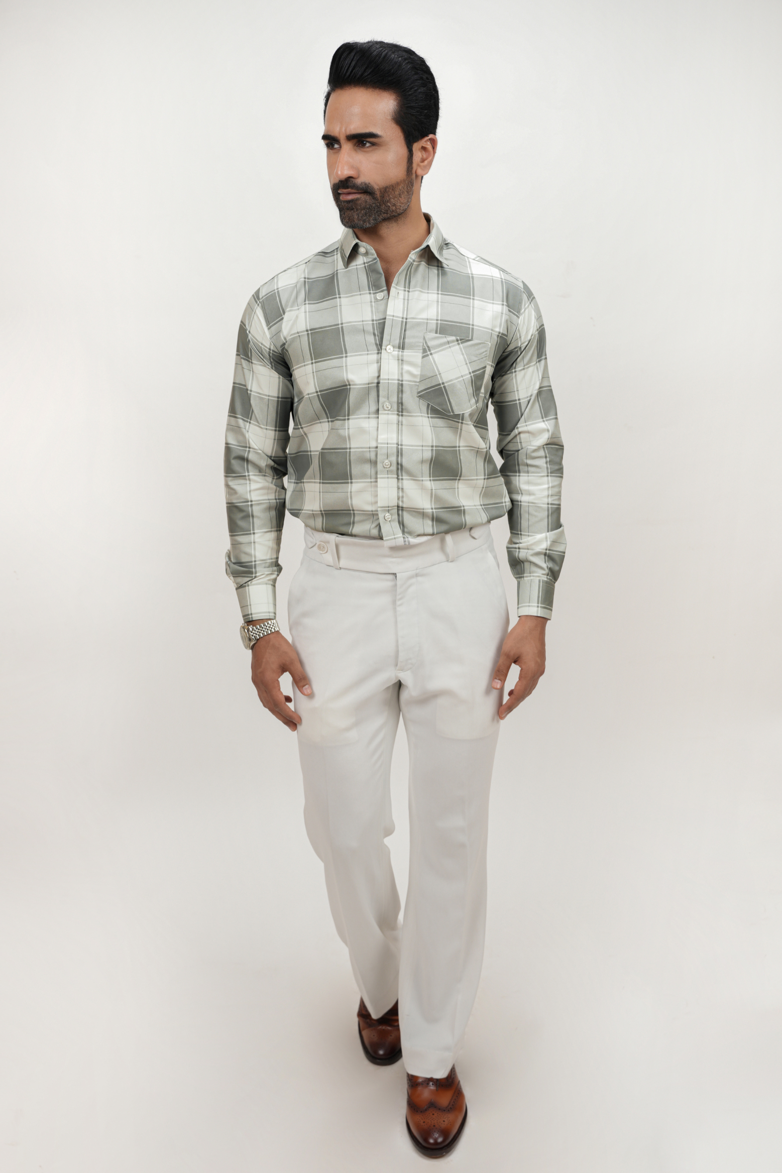 Square Pattern Cotton Blend Formal Shirt for Men Grey