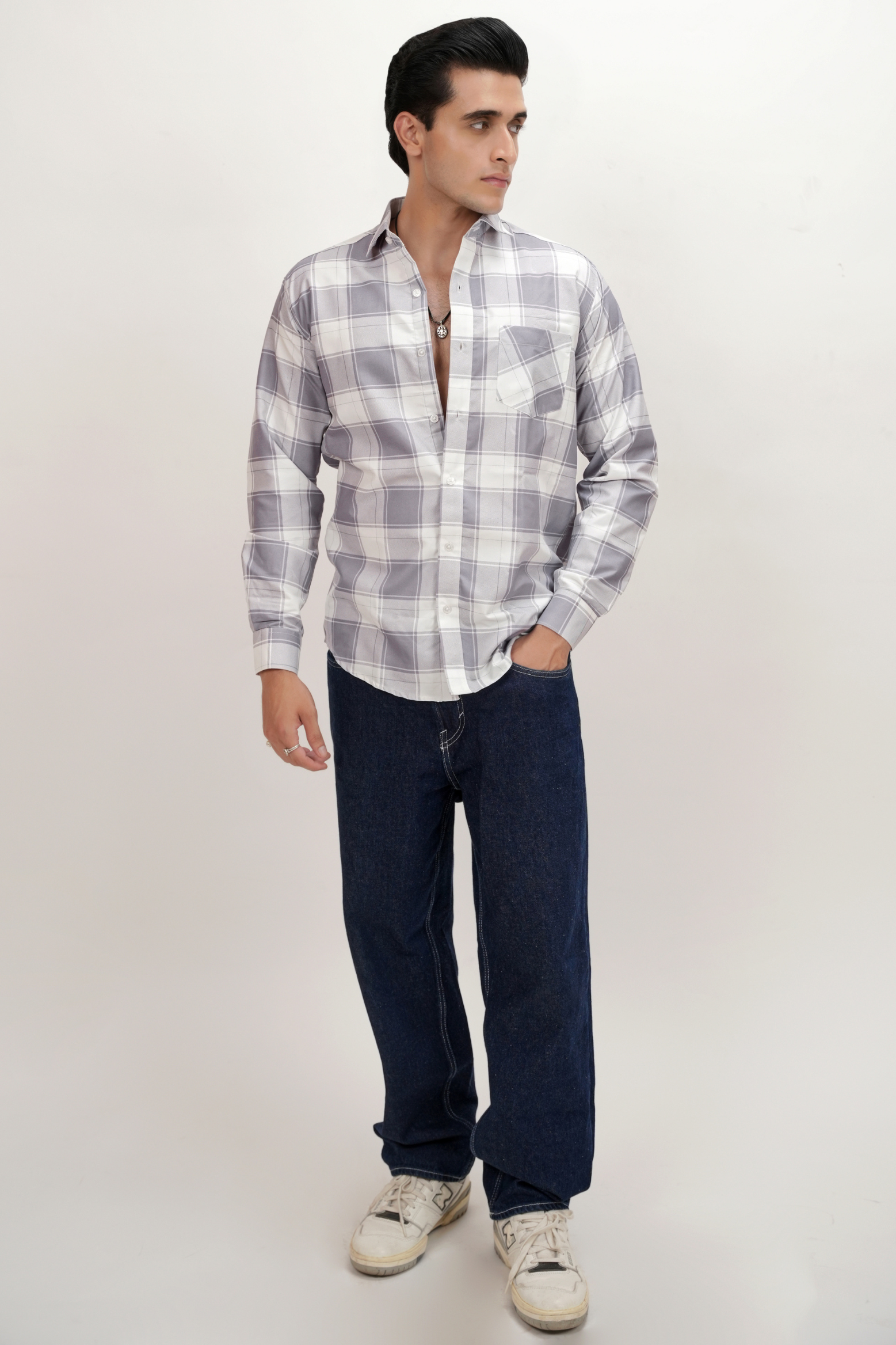 Square Check Cotton Blend Formal Shirt for Men Grey