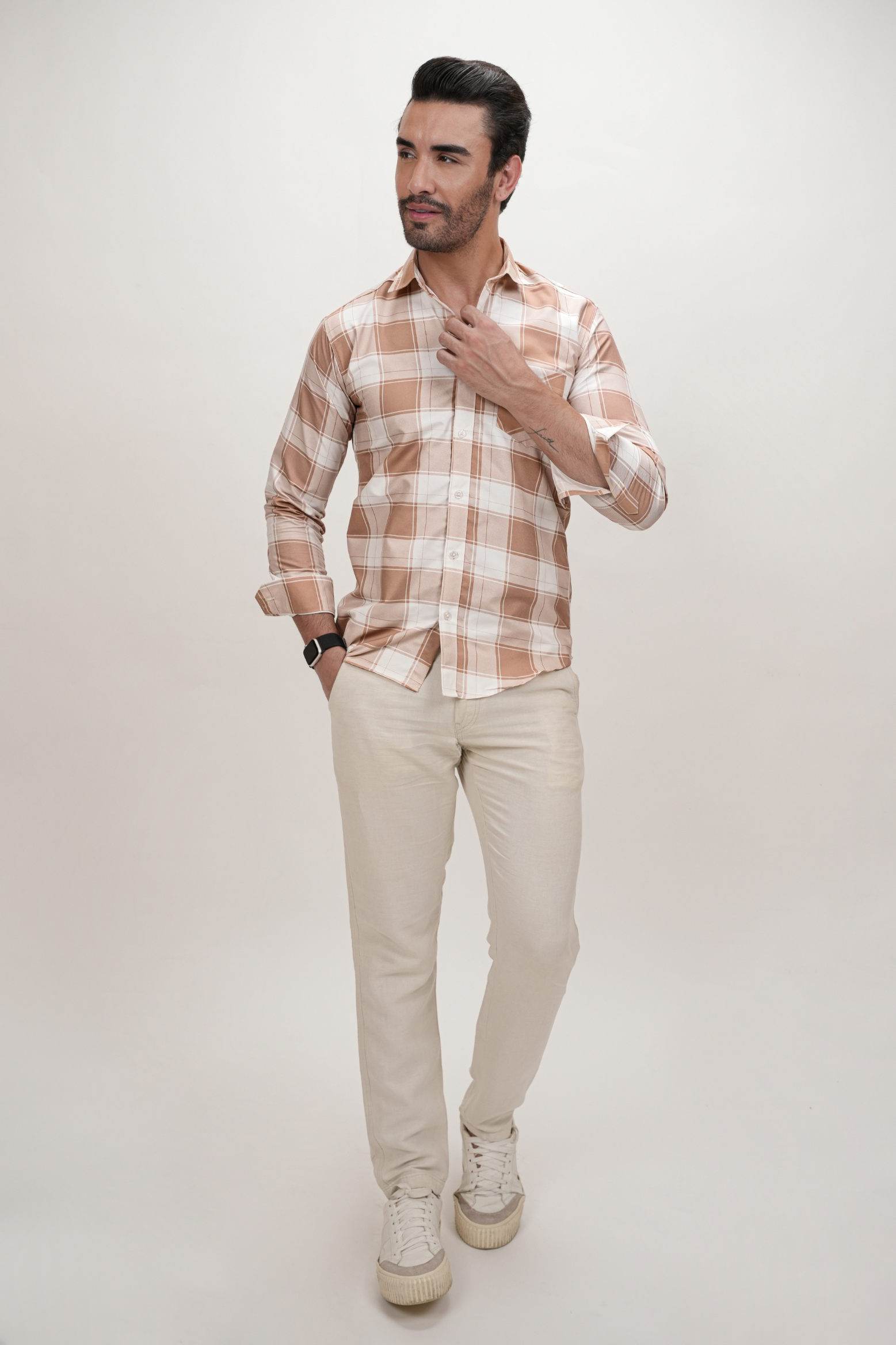 Square Pattern Cotton Blend Formal Shirt for Men Beige
