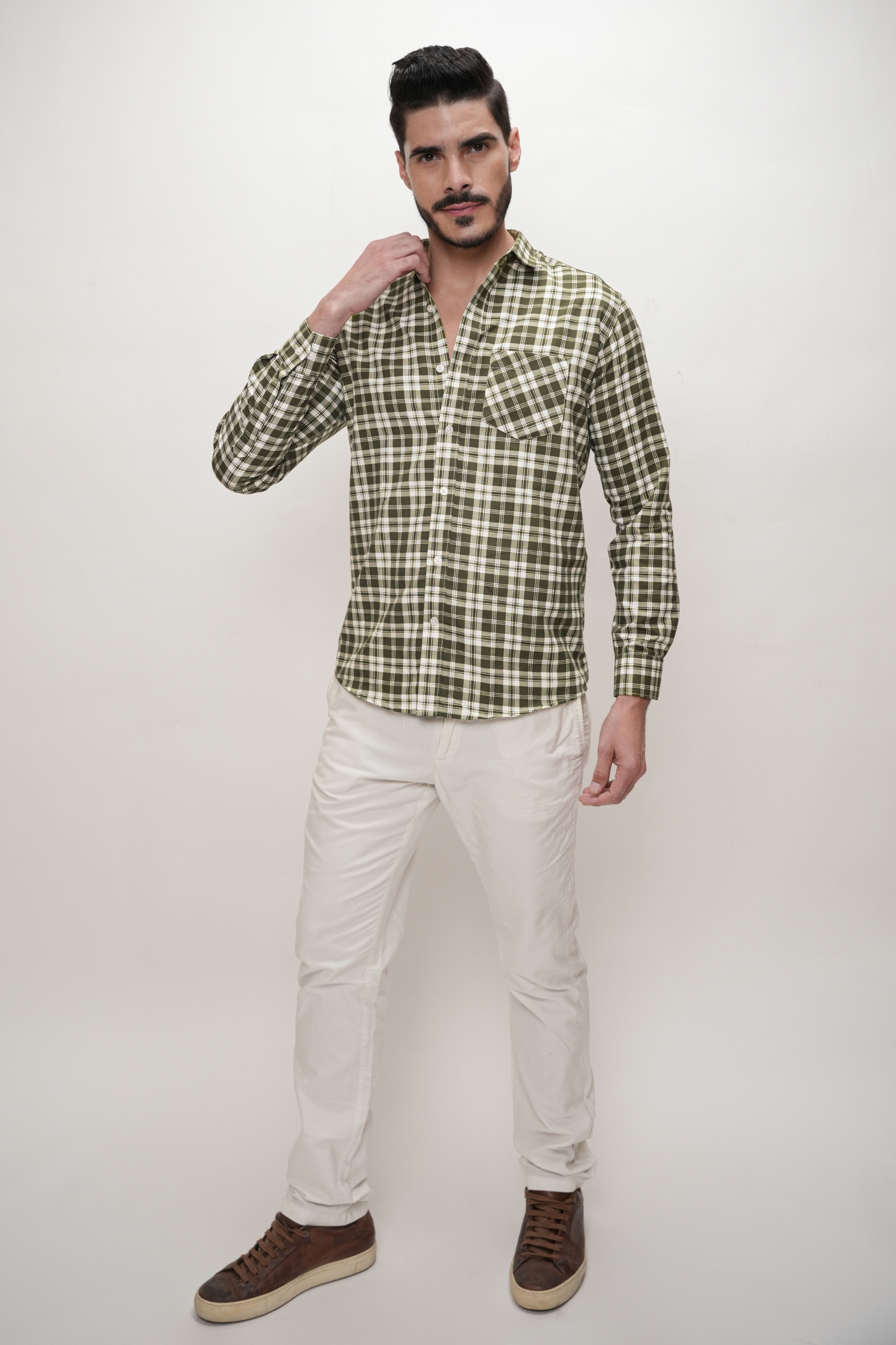 Checked Cotton Blend Formal Shirt for Men Dark Green