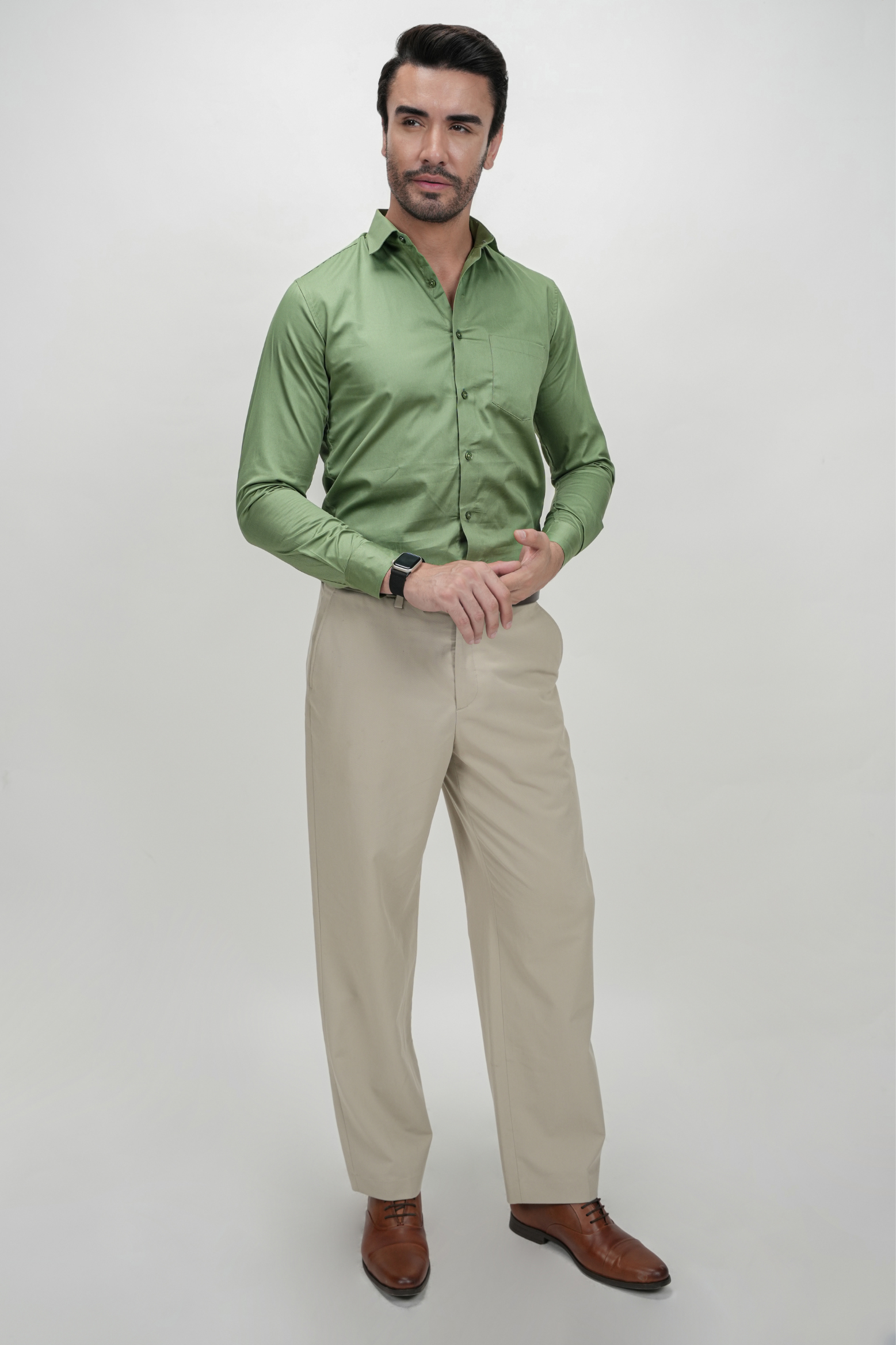 Olive Green Solid Plain Formal Shirts for Men - 100% Cotton