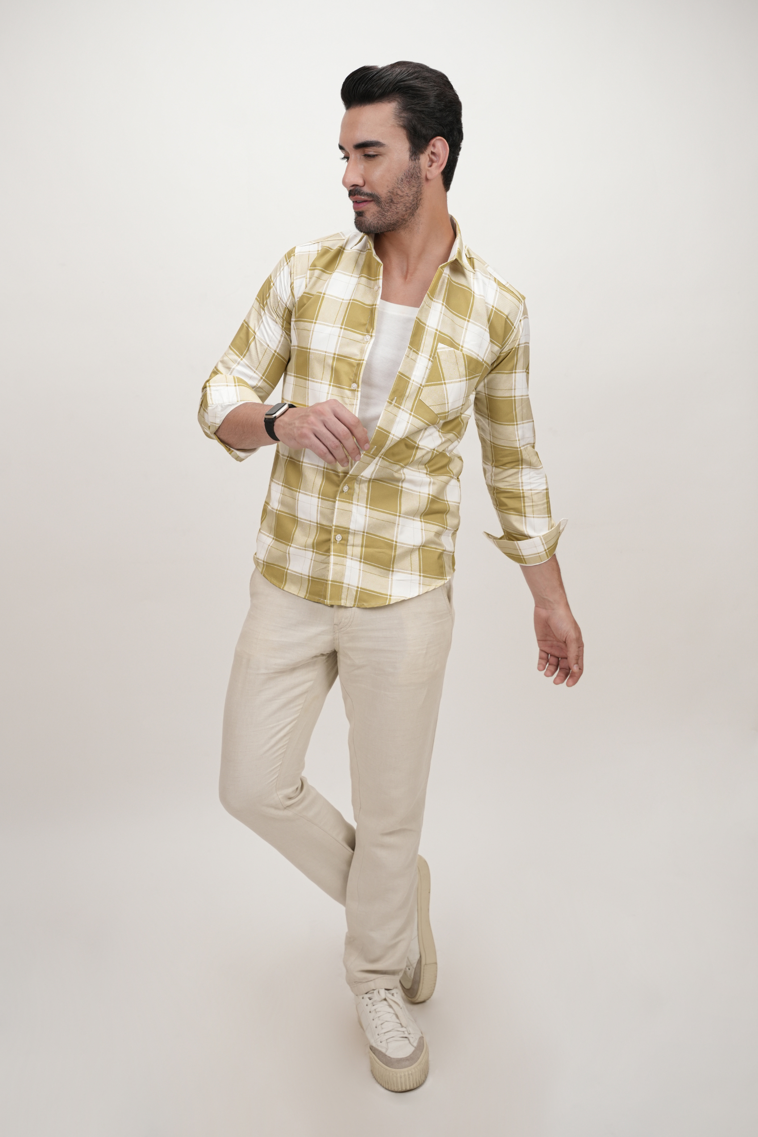 Square Pattern Cotton Blend Formal Shirt for Men Mustard
