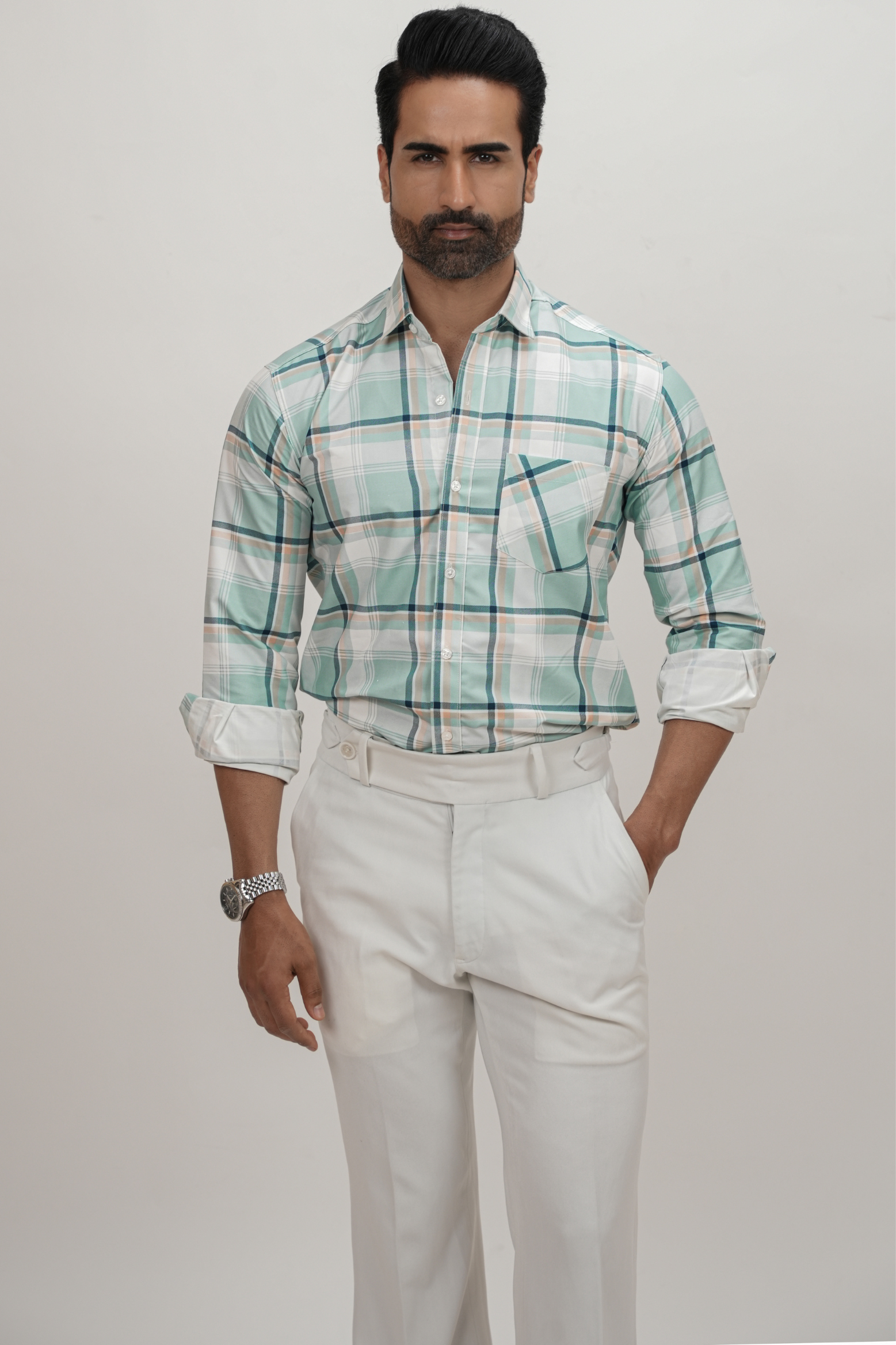 White Strip Checked Cotton Blend Formal Shirt for Men Turquoise Green