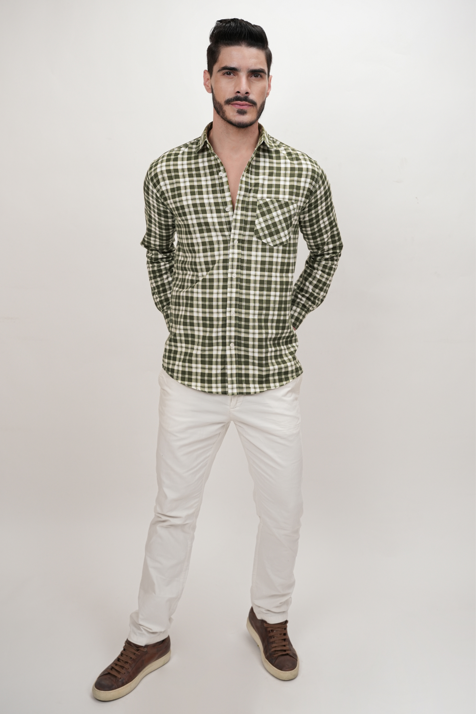 Checked Cotton Blend Formal Shirt for Men Dark Green