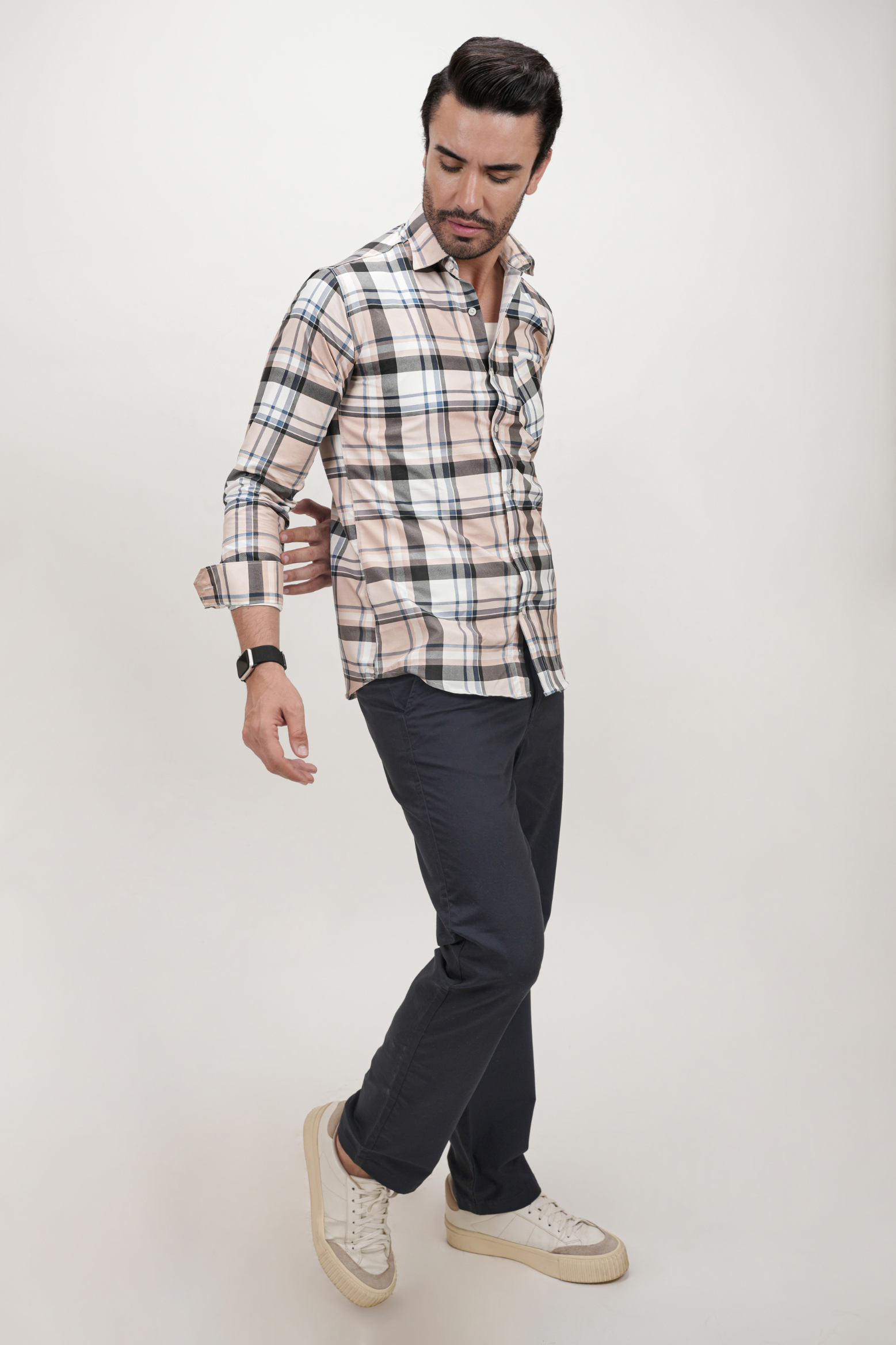 Black Strip Checked Brown Cotton Blend Formal Shirt for Men