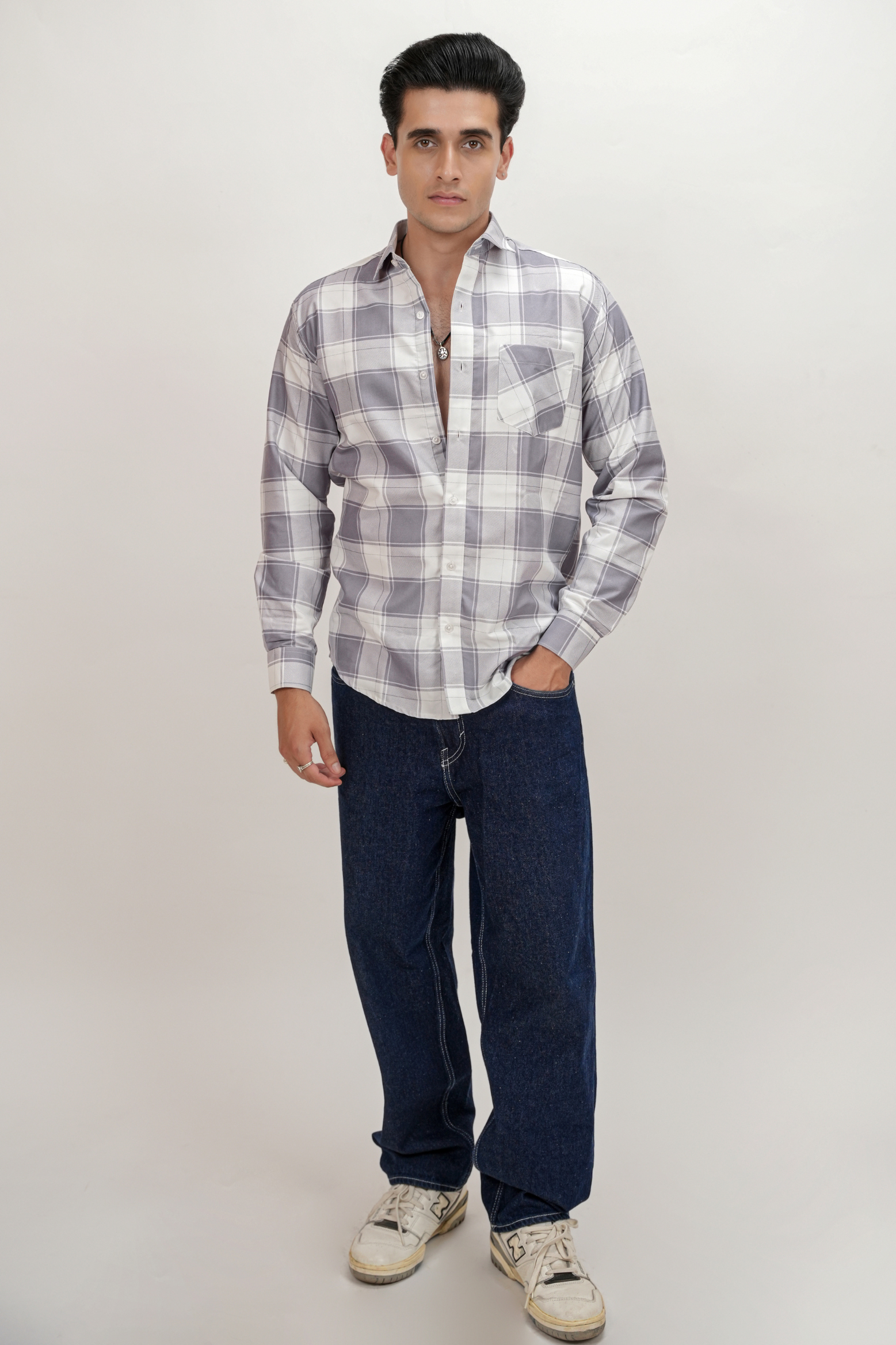 Square Check Cotton Blend Formal Shirt for Men Grey