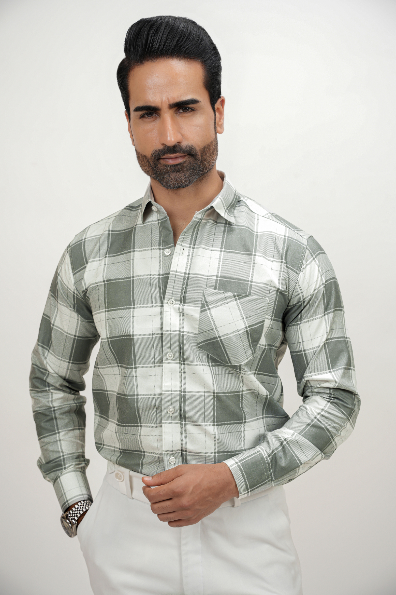 Square Pattern Cotton Blend Formal Shirt for Men Grey