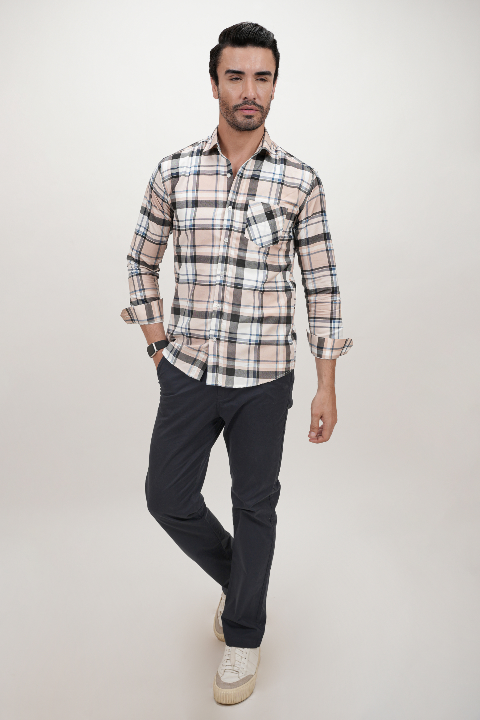 Black Strip Checked Brown Cotton Blend Formal Shirt for Men