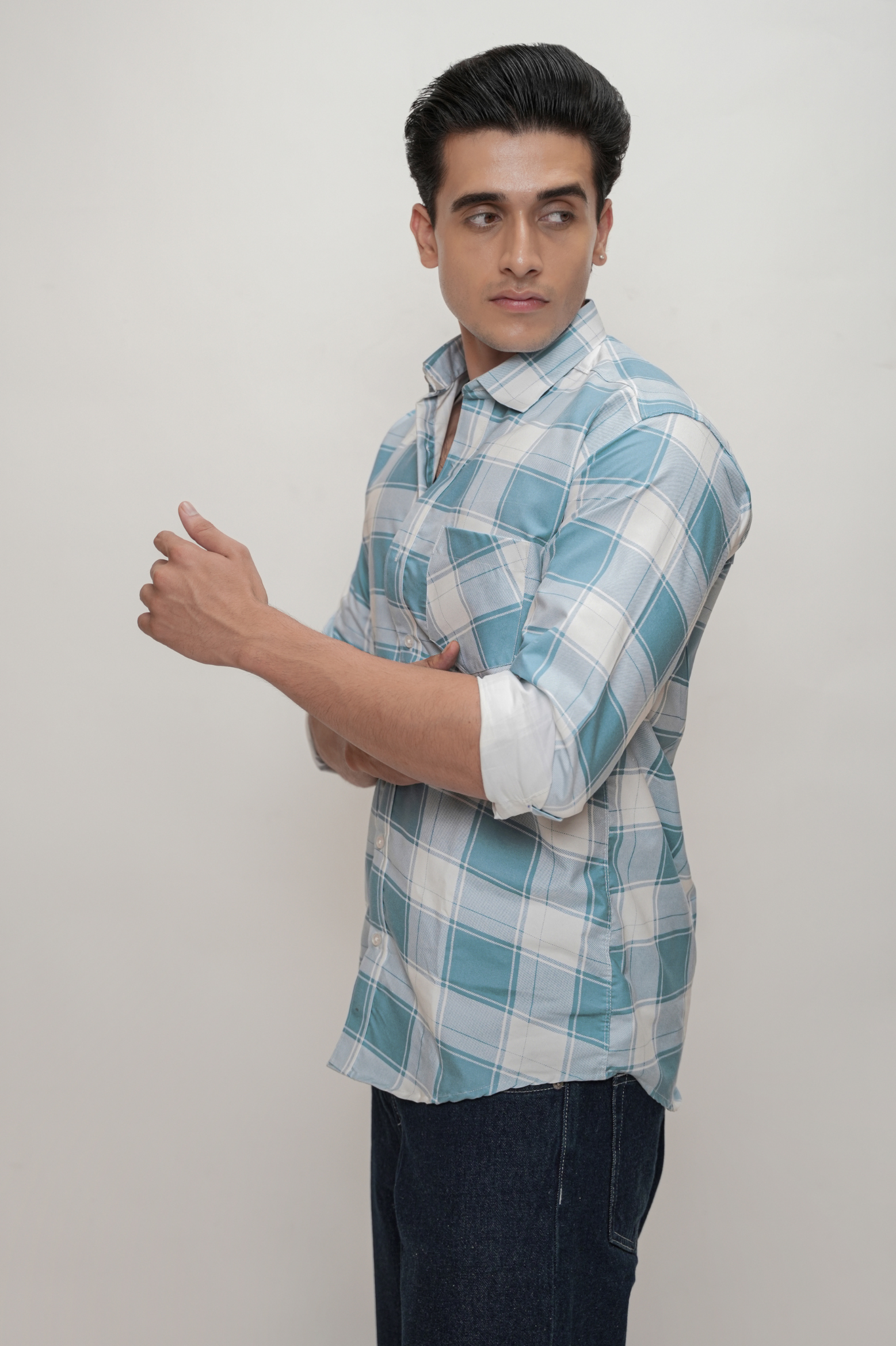 Square Check Cotton Blend Formal Shirt for Men Blue