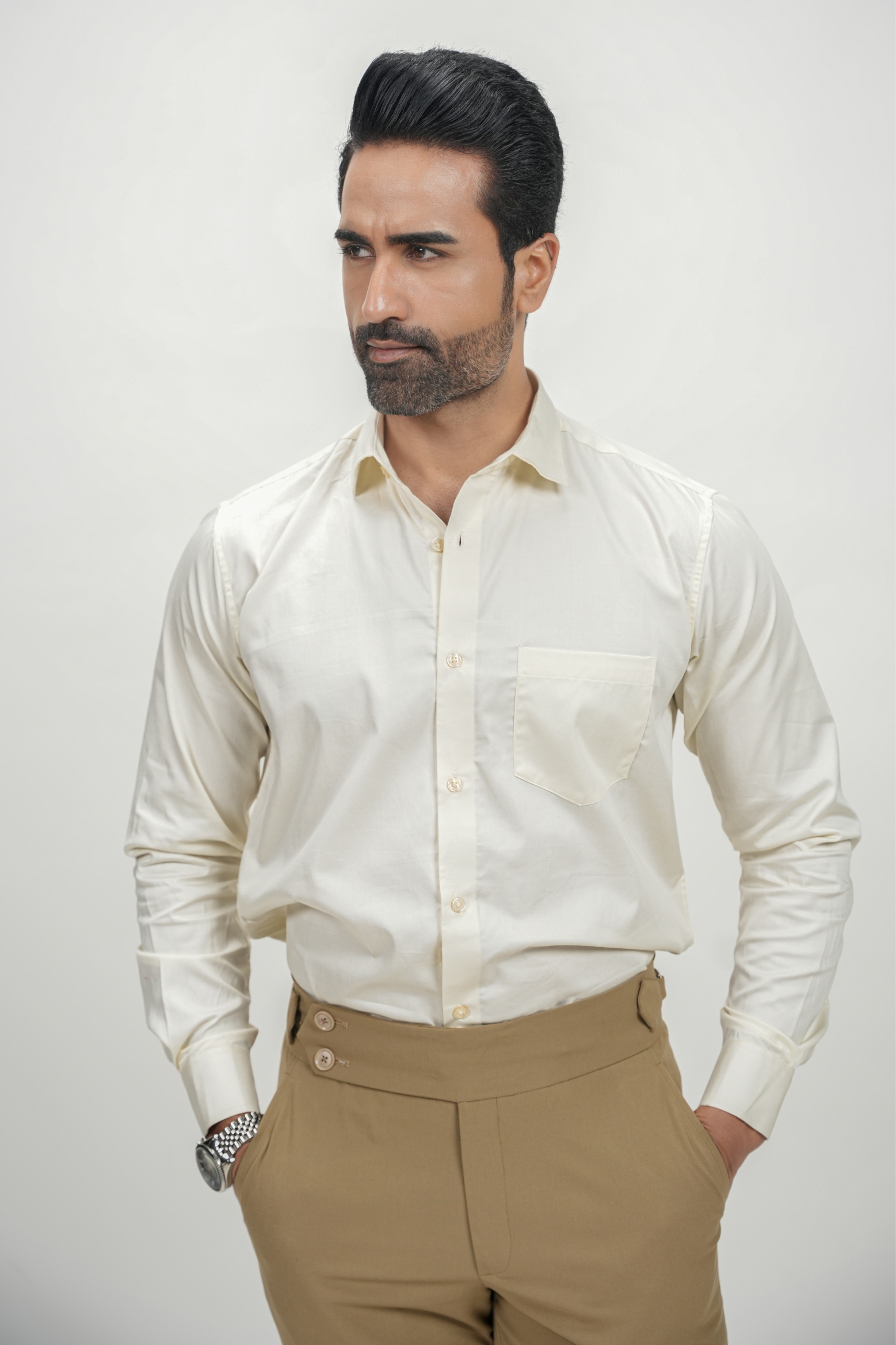 Cream Yellow Solid Plain Formal Shirts for Men - 100% Cotton