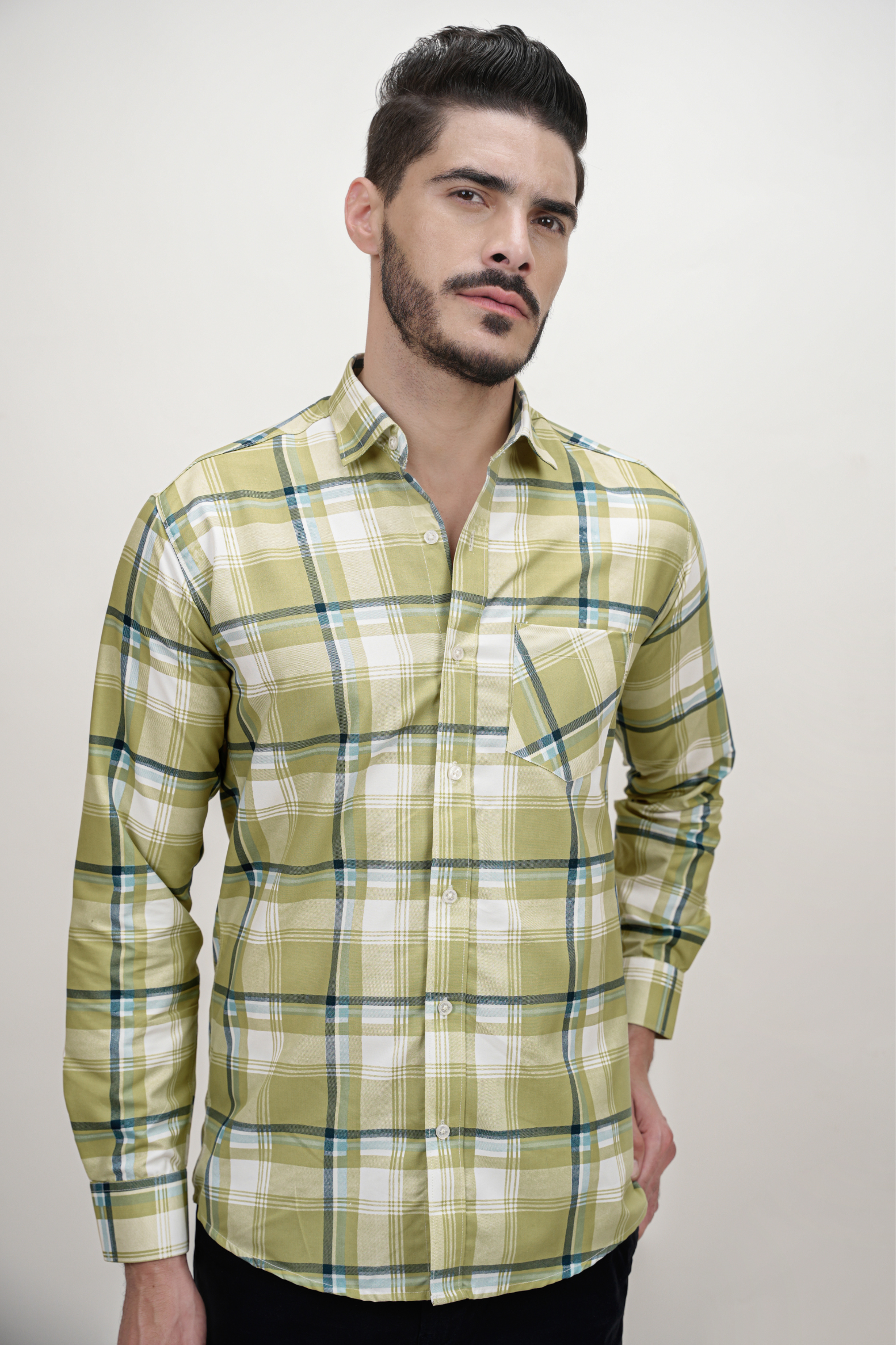 White Strip Checked Cotton Blend Formal Shirt for Men Olive Green