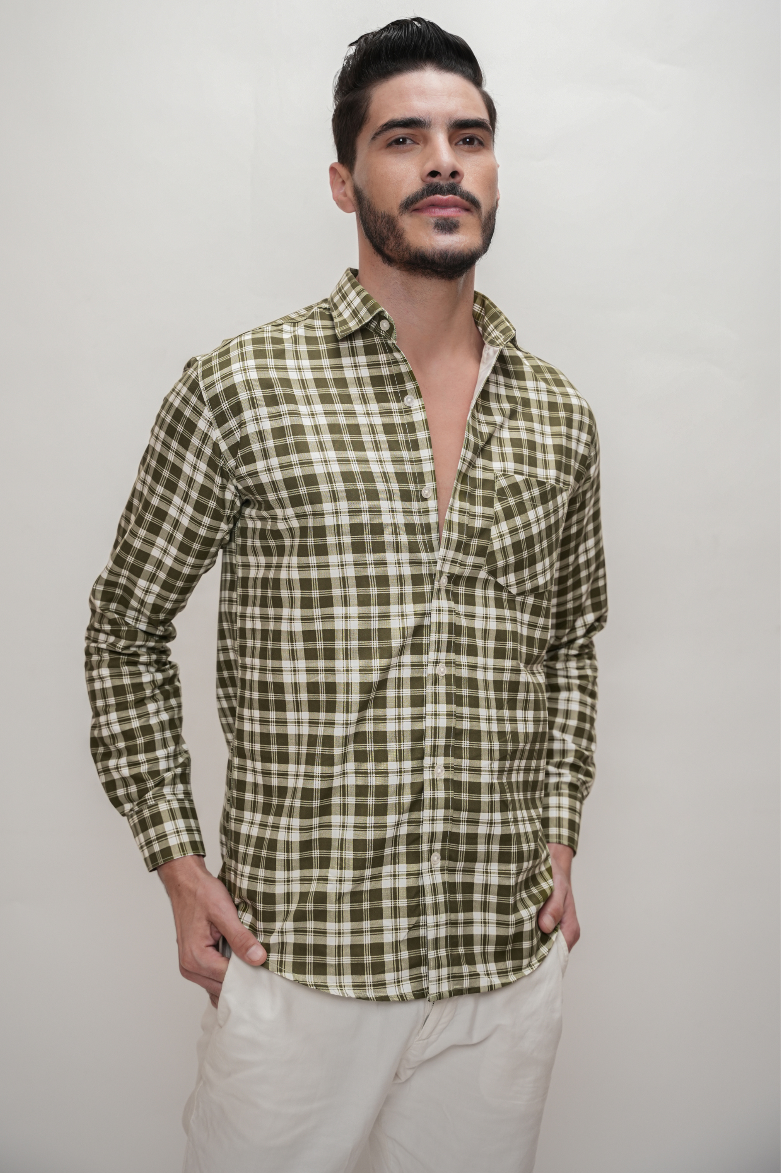 Checked Cotton Blend Formal Shirt for Men Dark Green
