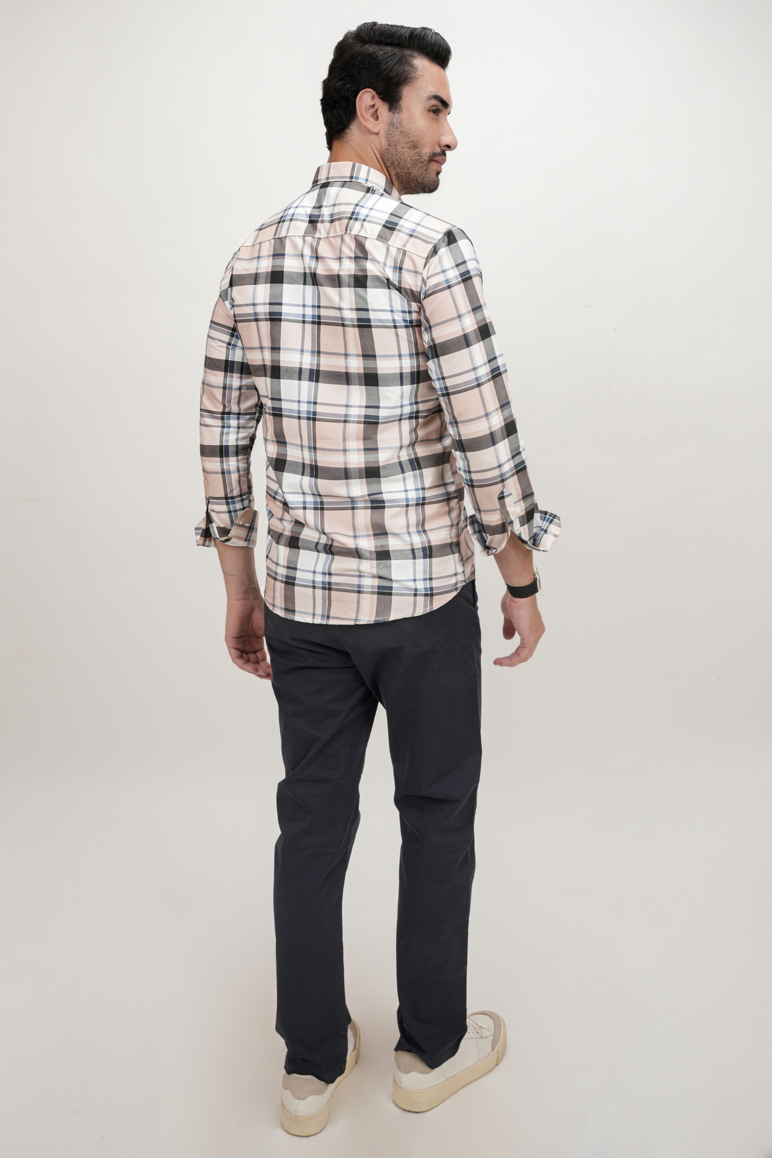 Black Strip Checked Brown Cotton Blend Formal Shirt for Men