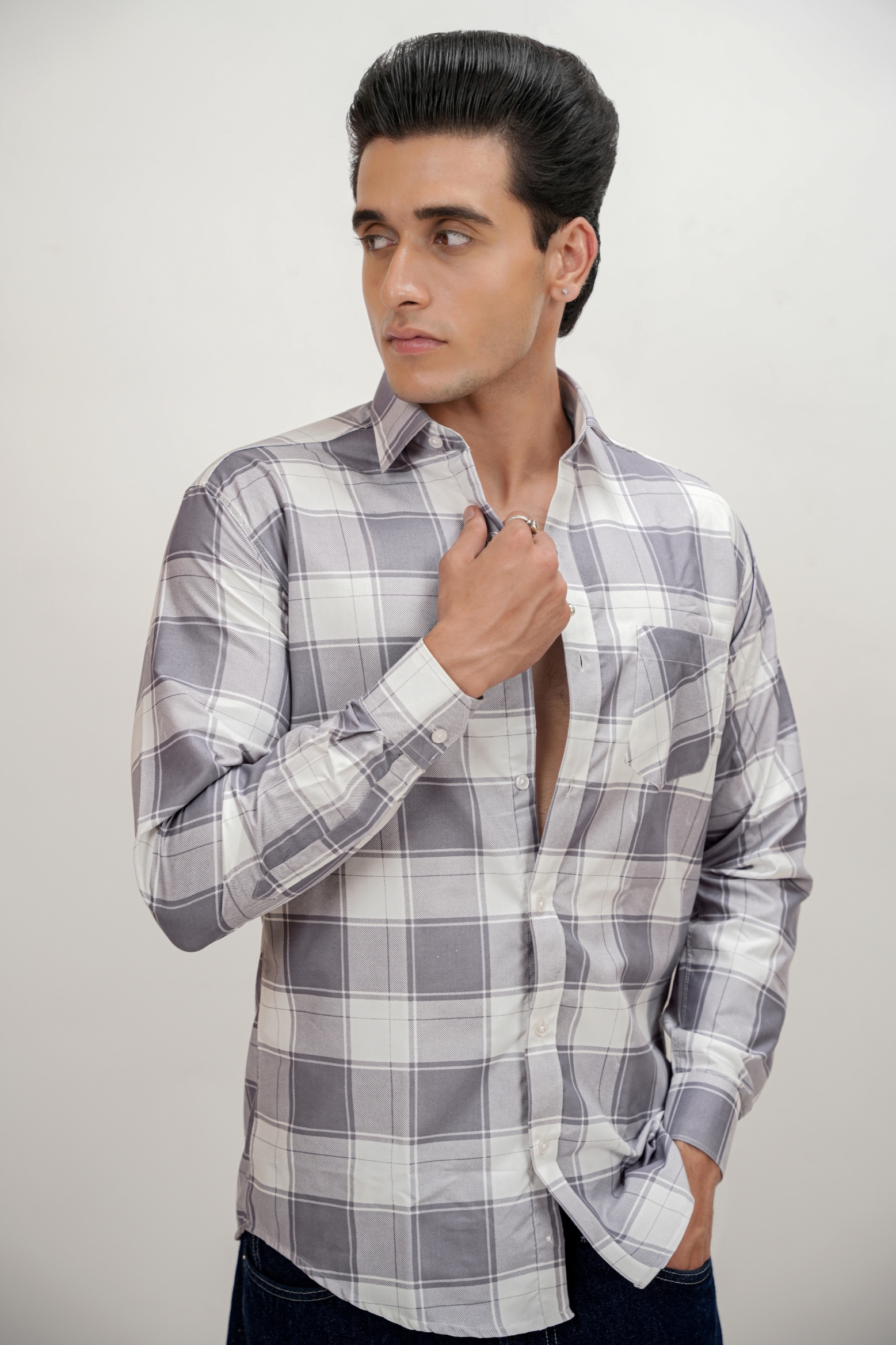 Square Check Cotton Blend Formal Shirt for Men Grey
