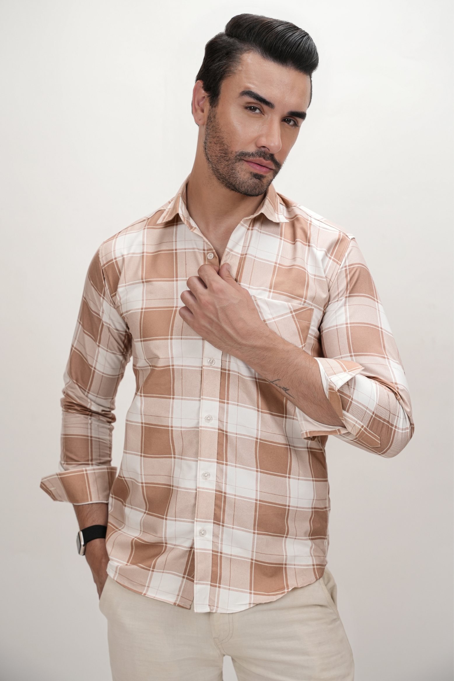 Square Pattern Cotton Blend Formal Shirt for Men Beige