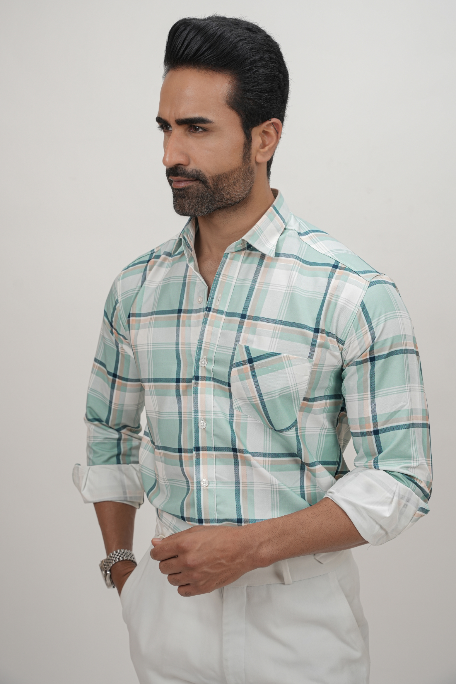 White Strip Checked Cotton Blend Formal Shirt for Men Turquoise Green