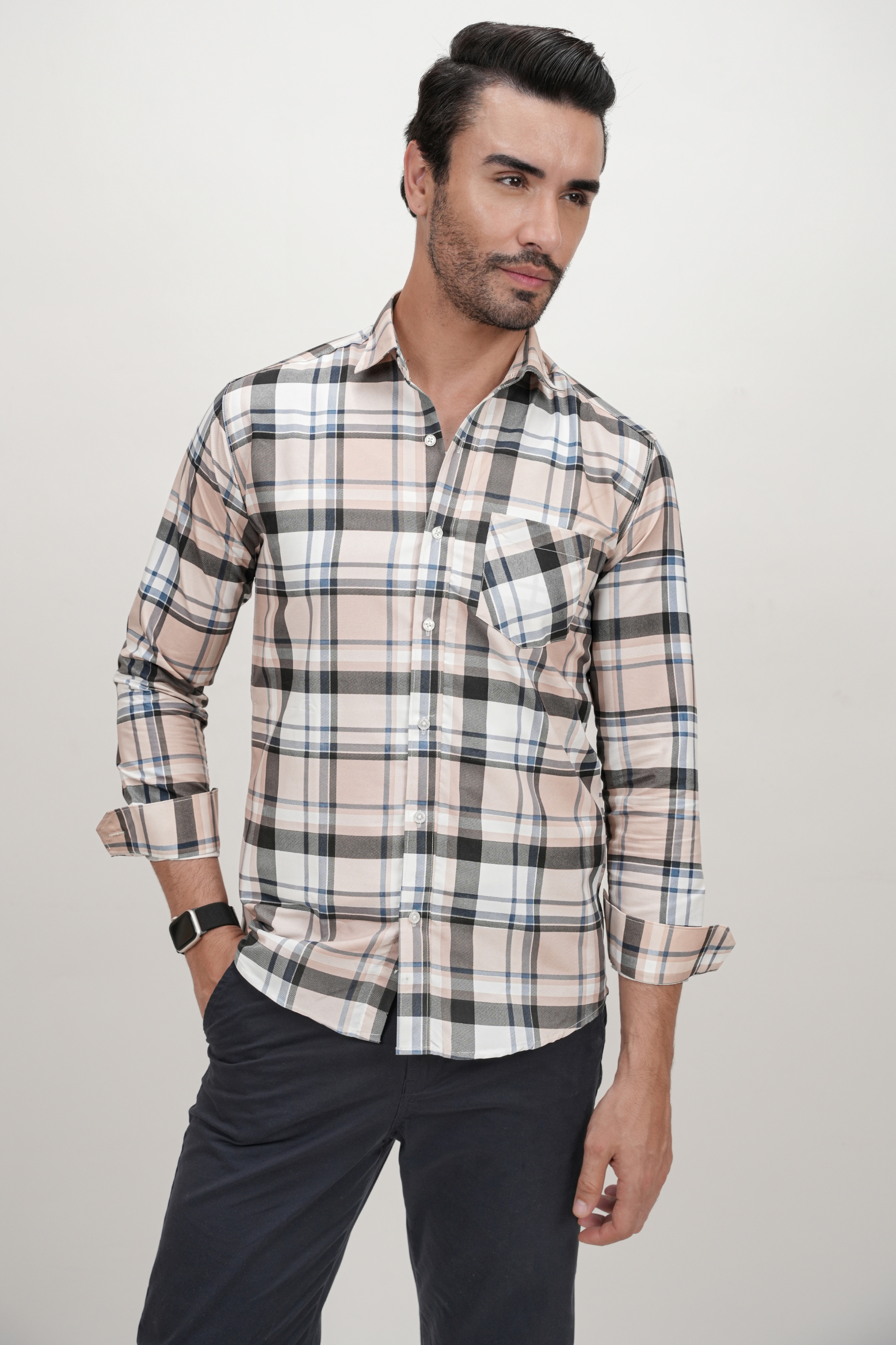 Black Strip Checked Brown Cotton Blend Formal Shirt for Men