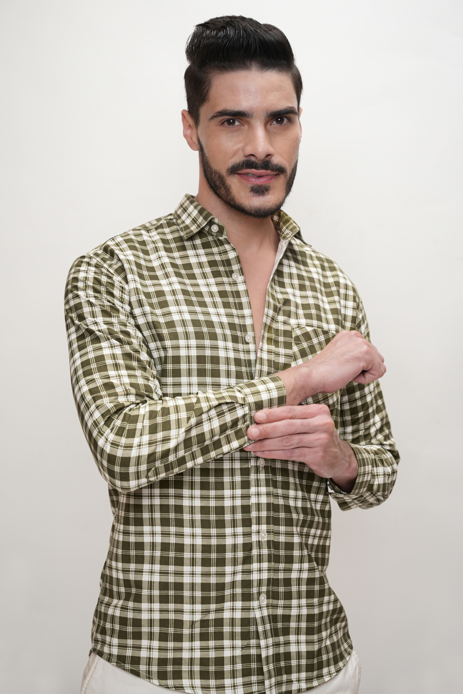 Checked Cotton Blend Formal Shirt for Men Dark Green
