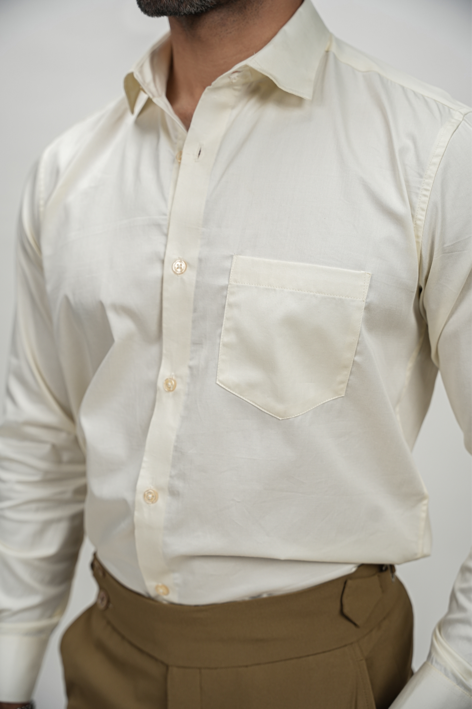 Cream Yellow Solid Plain Formal Shirts for Men - 100% Cotton