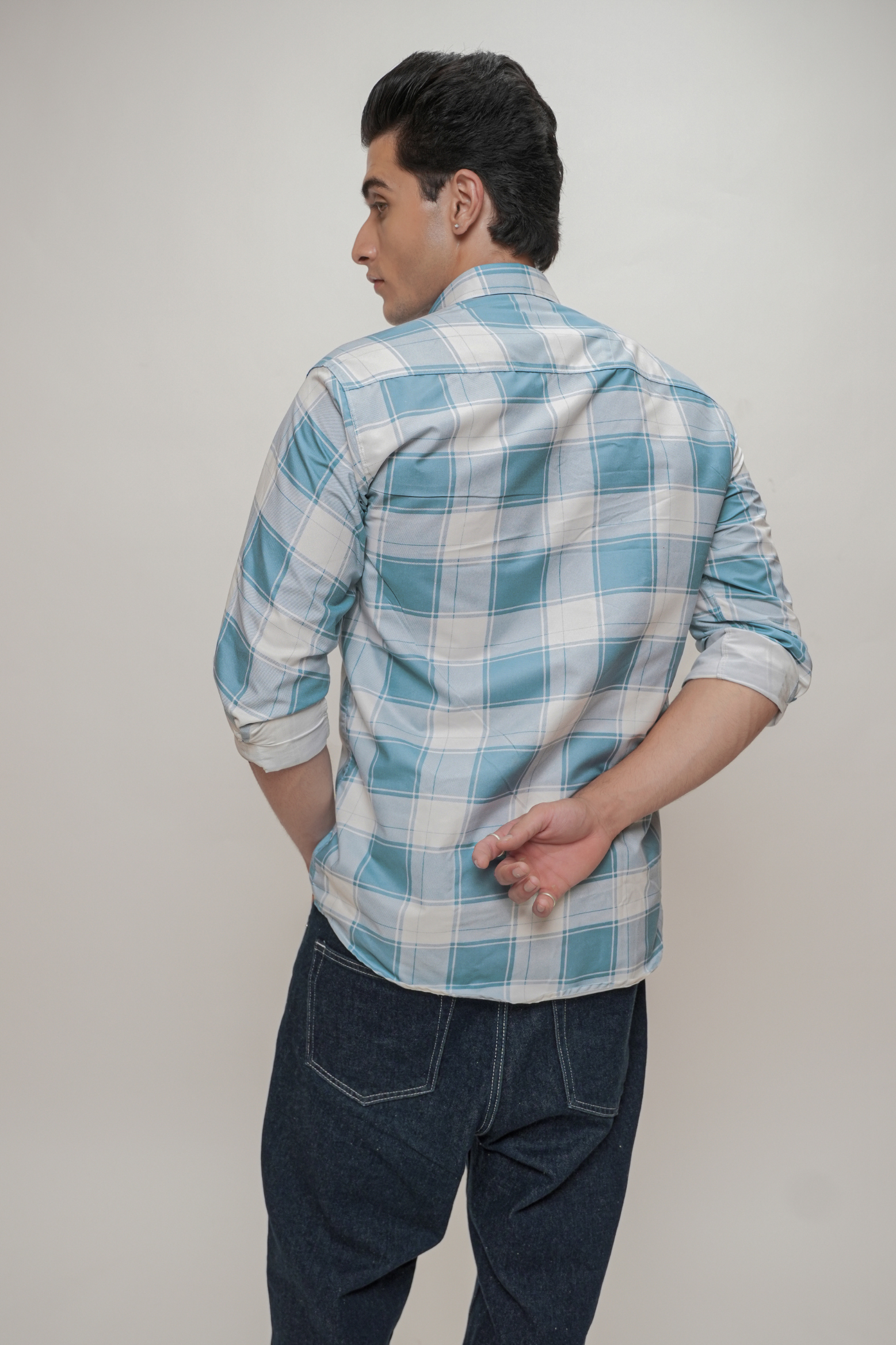 Square Check Cotton Blend Formal Shirt for Men Blue