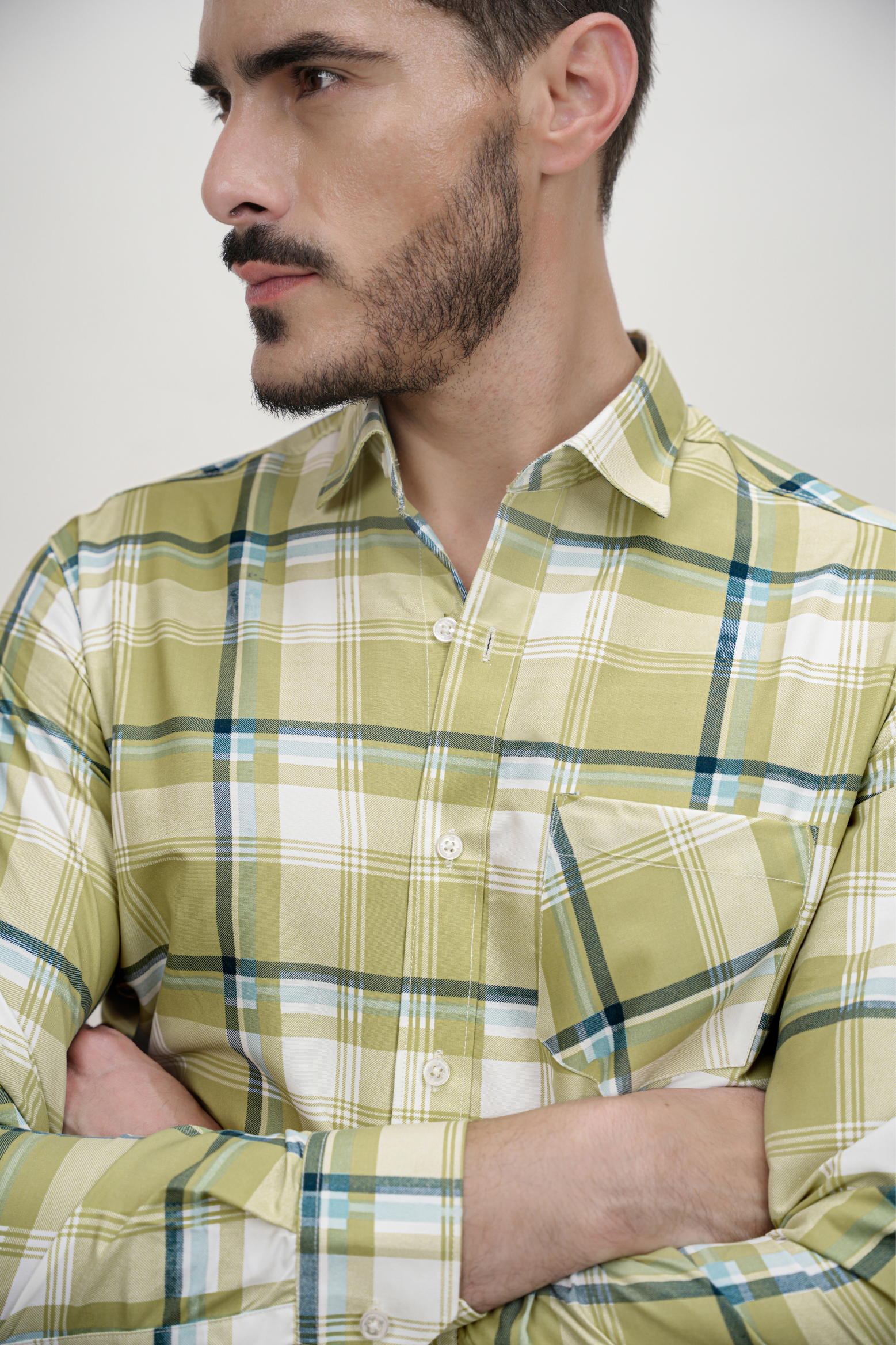 White Strip Checked Cotton Blend Formal Shirt for Men Olive Green