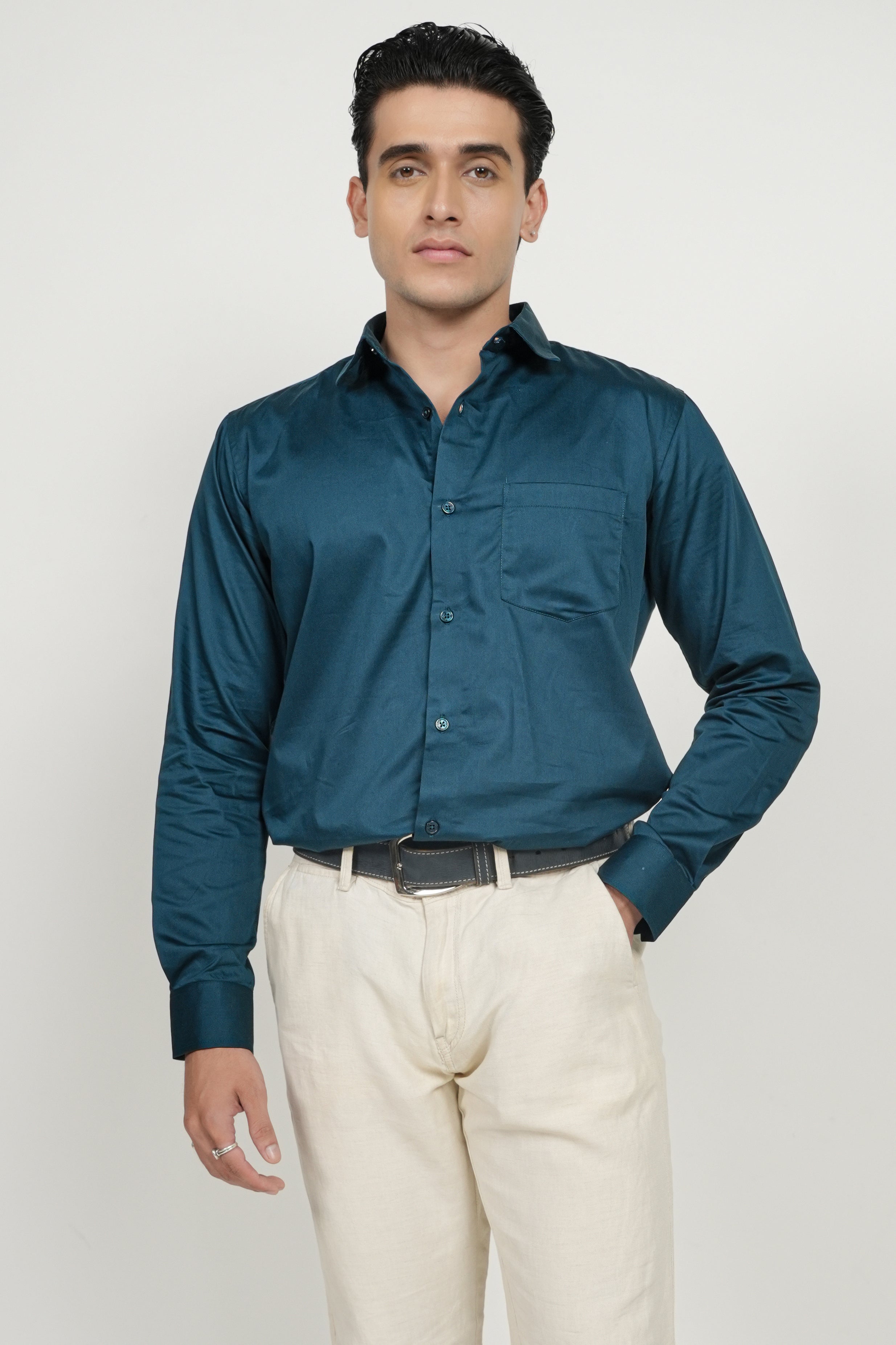 Turquoise Blue Solid Plain Formal Shirts for Men - 100% Cotton