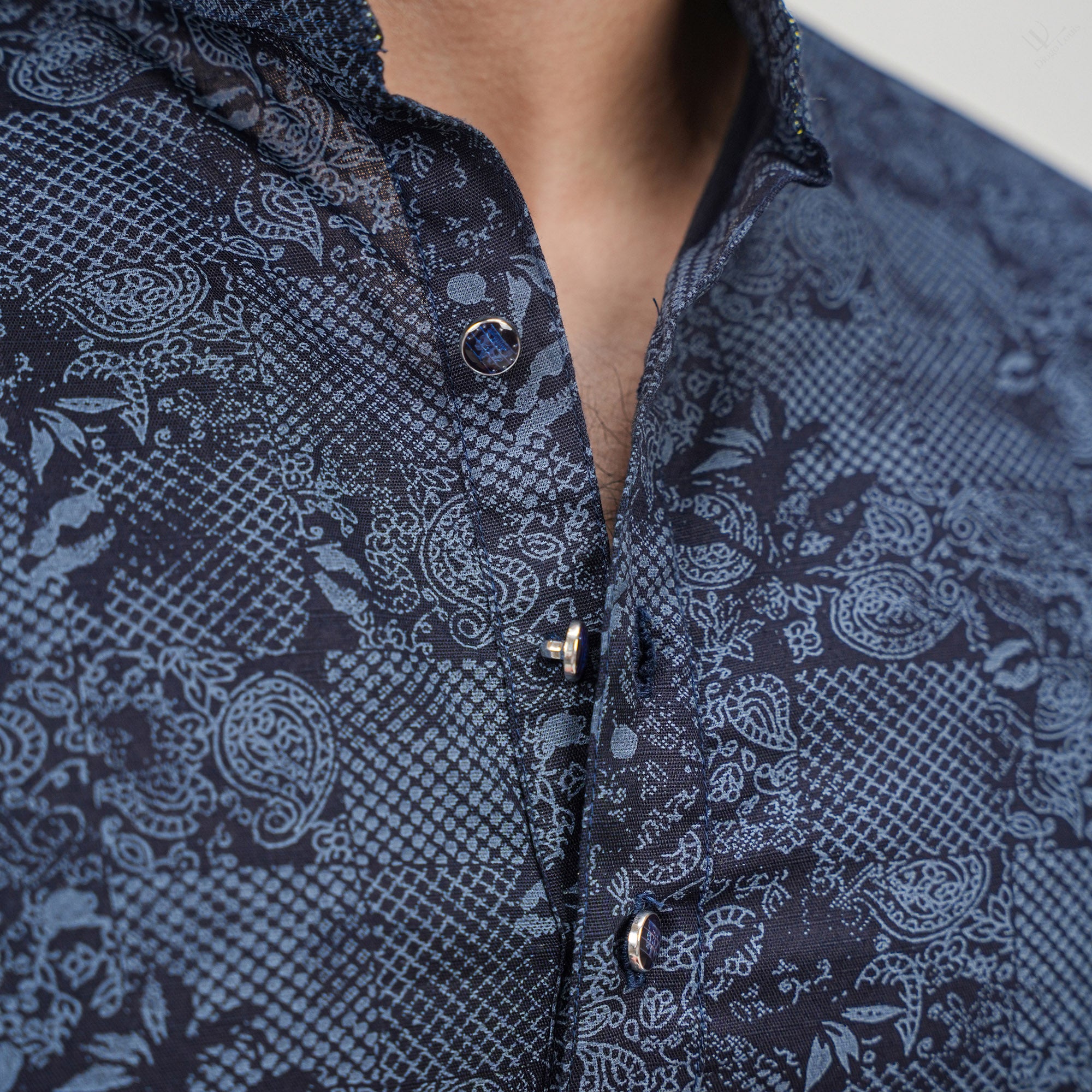 Premium Men's Navy Blue Cotton Linen Floral Printed Long Kurta