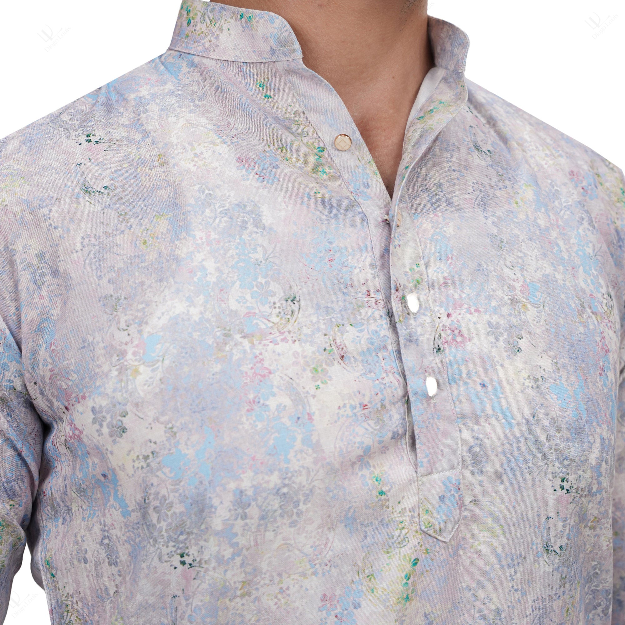 Cotton Linen Floral Printed Long Kurta for Men White Color