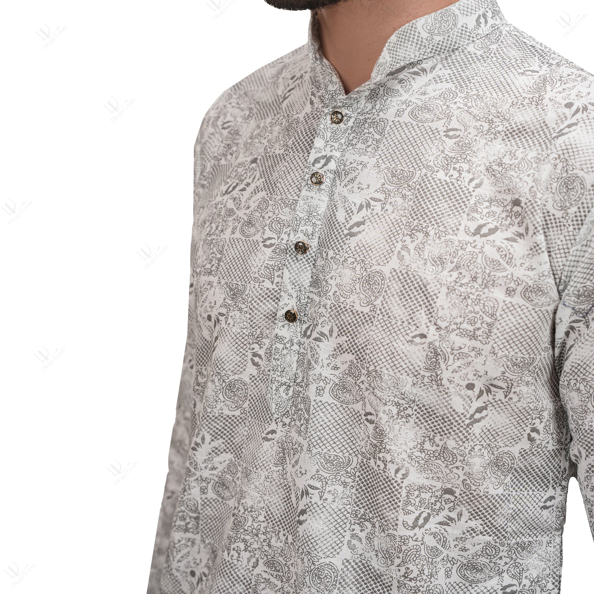 Grey Cotton Linen Floral Printed Long Kurta for Men