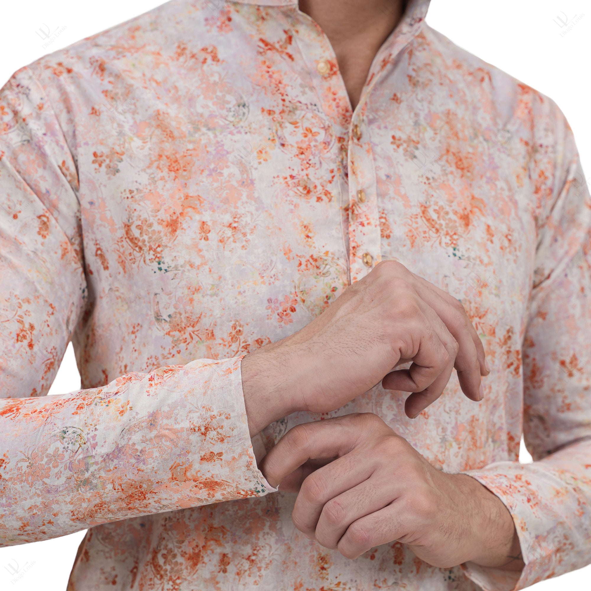 Light Pink Cotton Linen Floral Printed Long Kurta for Men