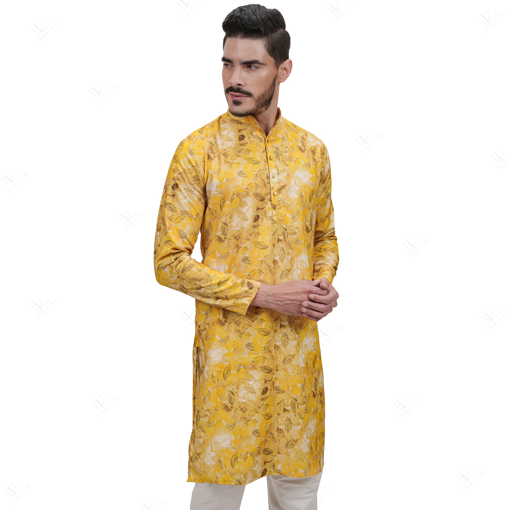 Yellow Cotton Linen Floral Printed Long Kurta for Men