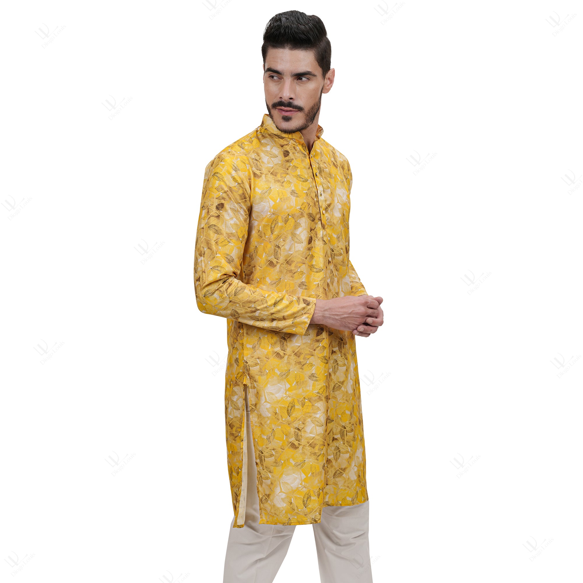 Yellow Cotton Linen Floral Printed Long Kurta for Men