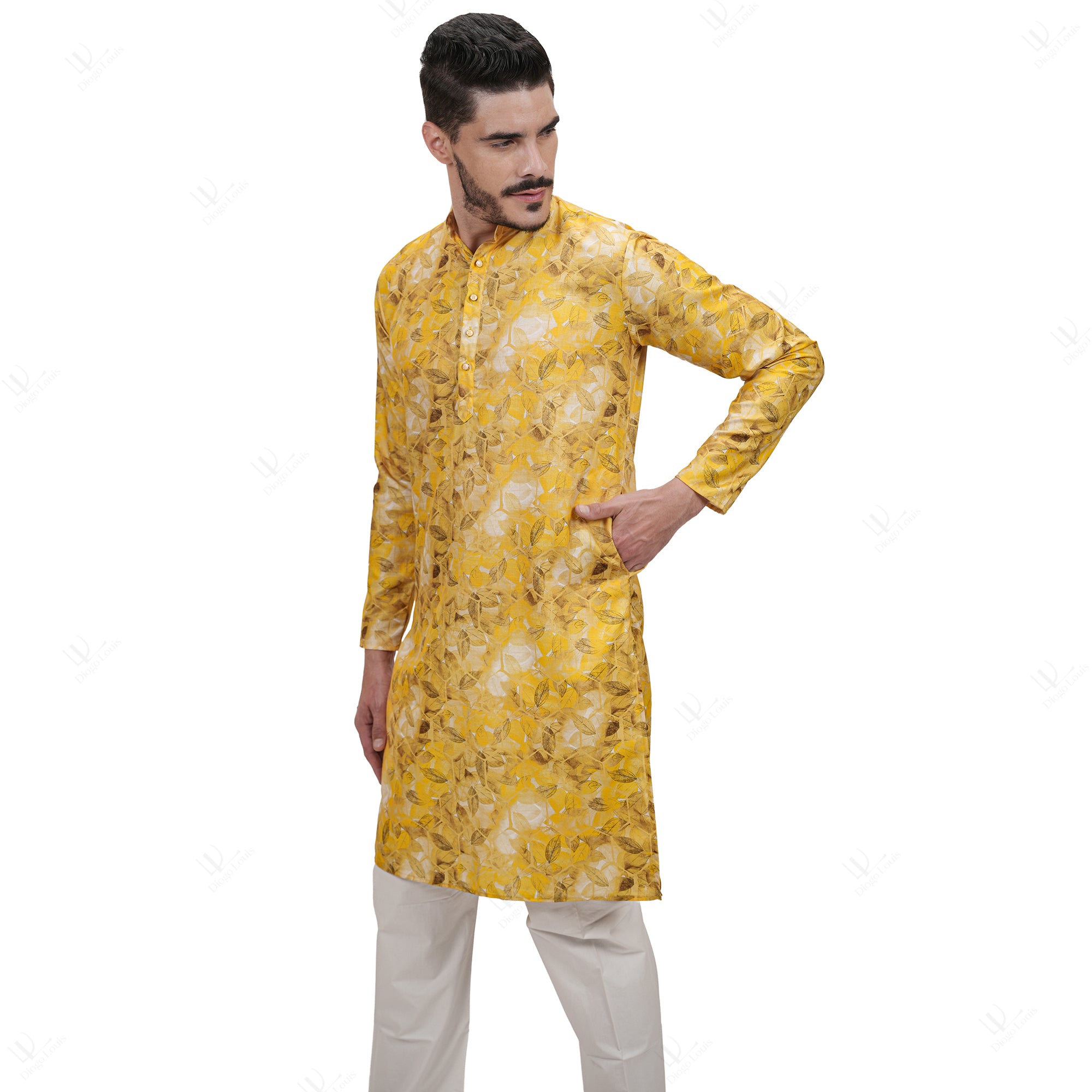 Yellow Cotton Linen Floral Printed Long Kurta for Men