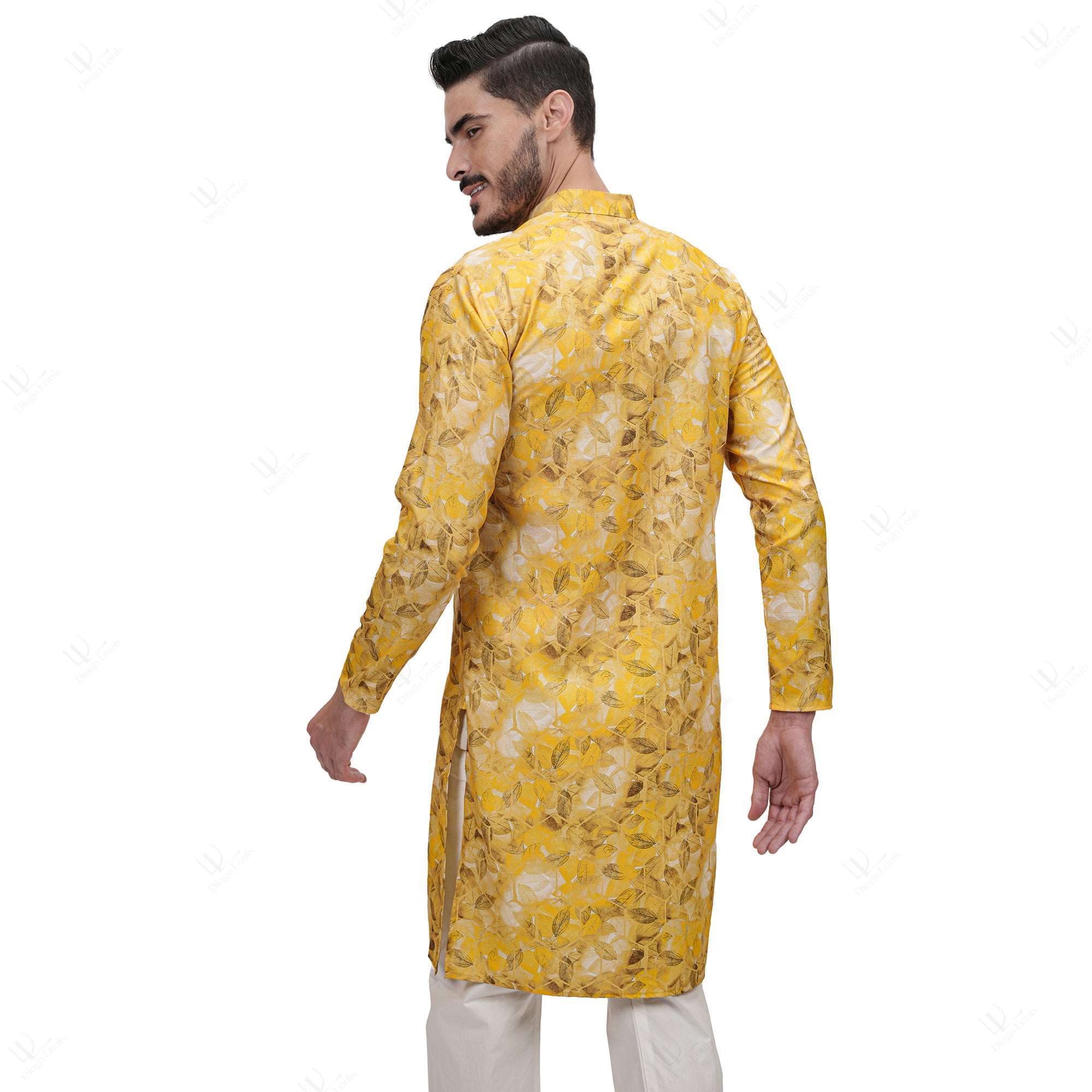 Yellow Cotton Linen Floral Printed Long Kurta for Men