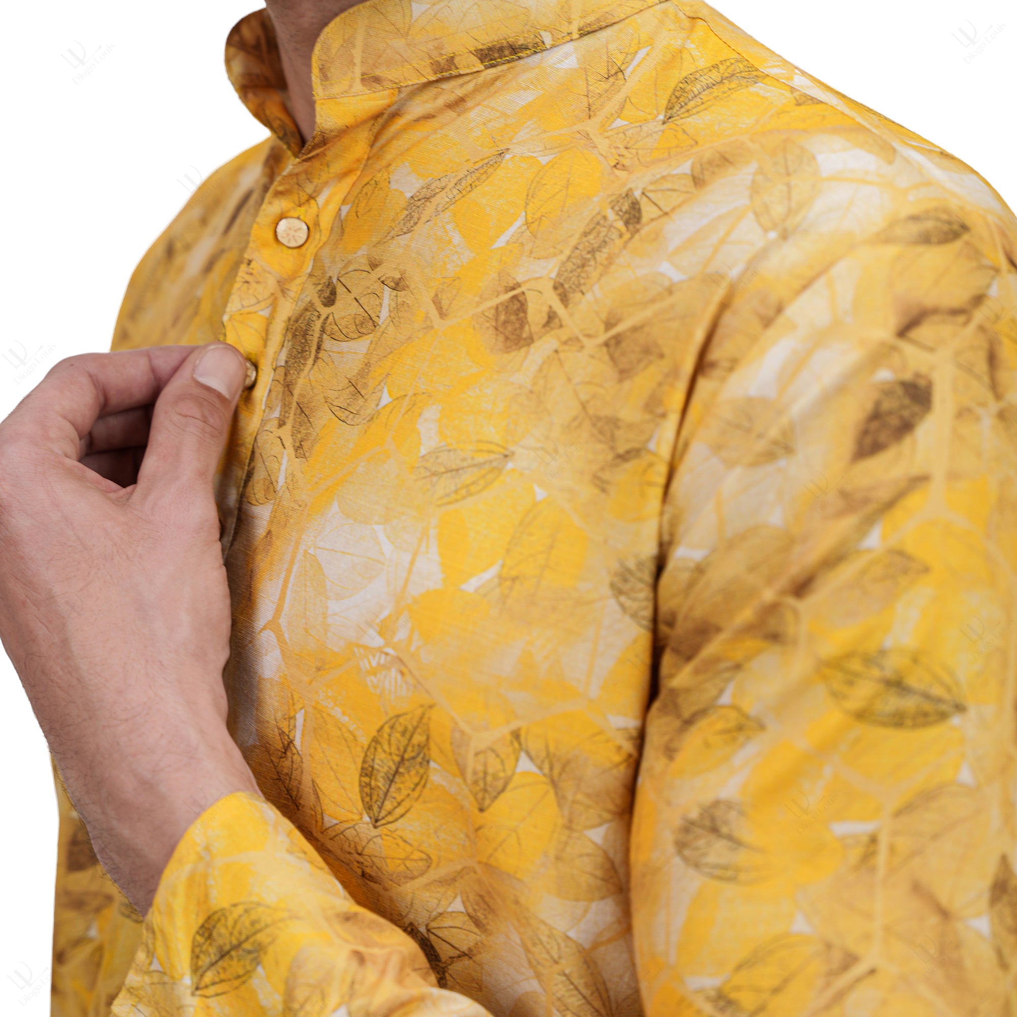 Yellow Cotton Linen Floral Printed Long Kurta for Men