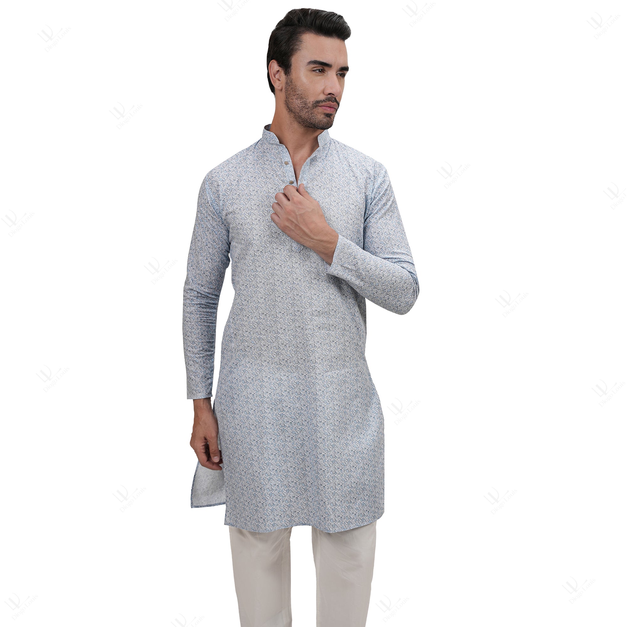 Blue Cotton Linen Floral Printed Men's Long Kurta