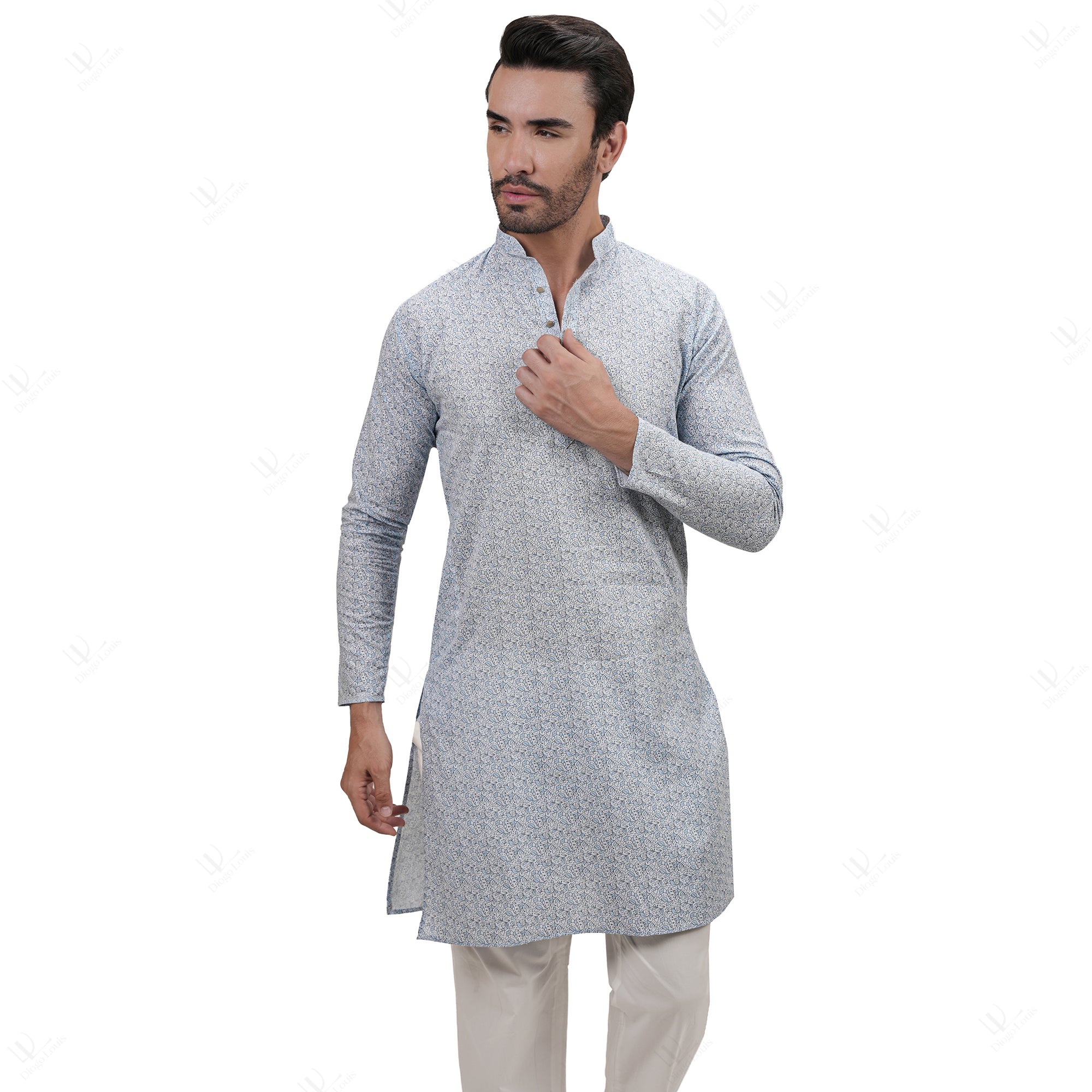 Blue Cotton Linen Floral Printed Men's Long Kurta