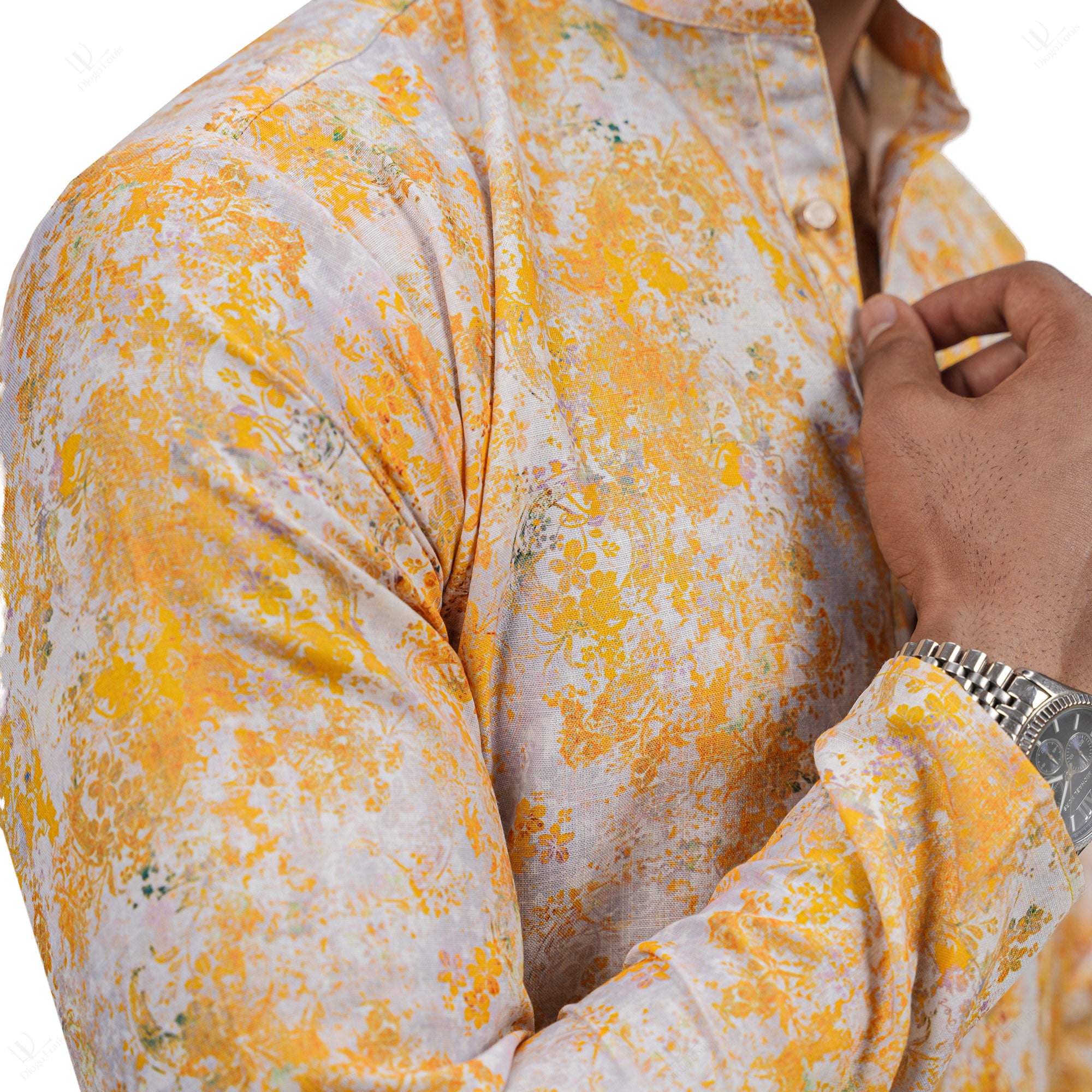 Yellow Pattern Printed Cotton Linen Long Kurta for Men