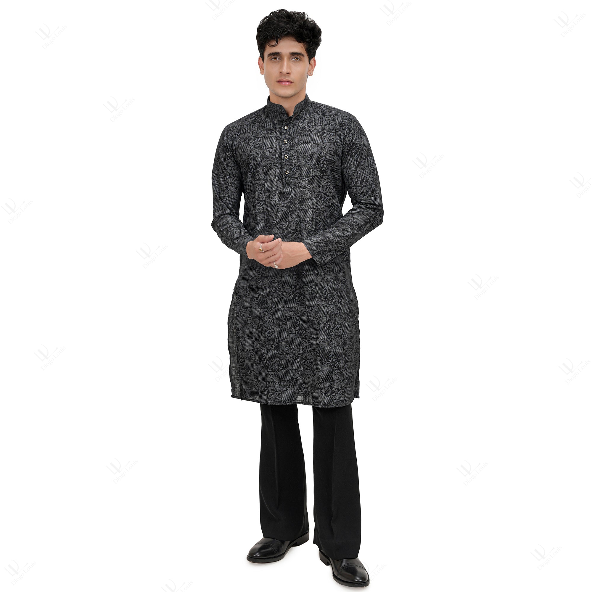 Premium Men's Black Cotton Linen Floral Printed Long Kurta