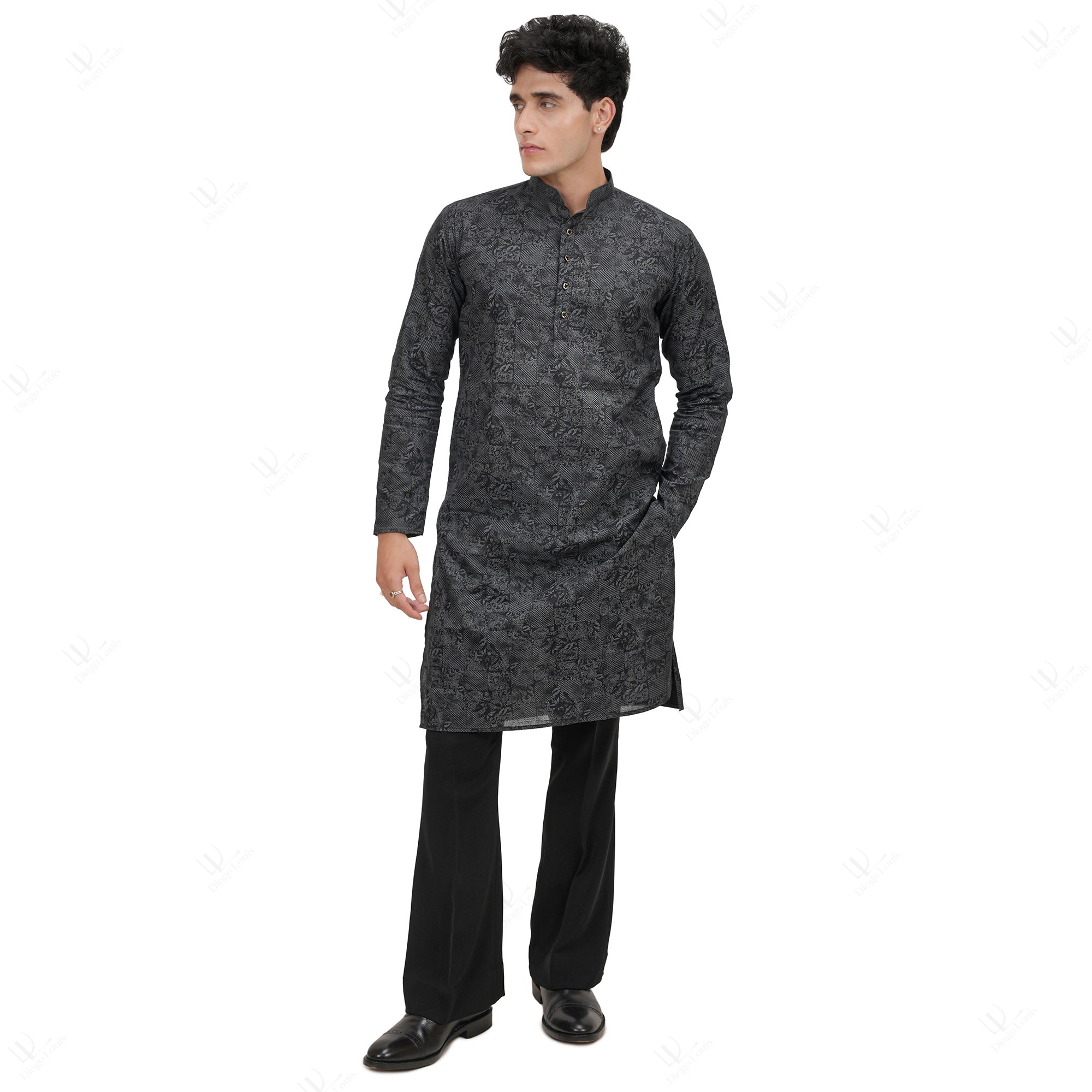 Premium Men's Black Cotton Linen Floral Printed Long Kurta