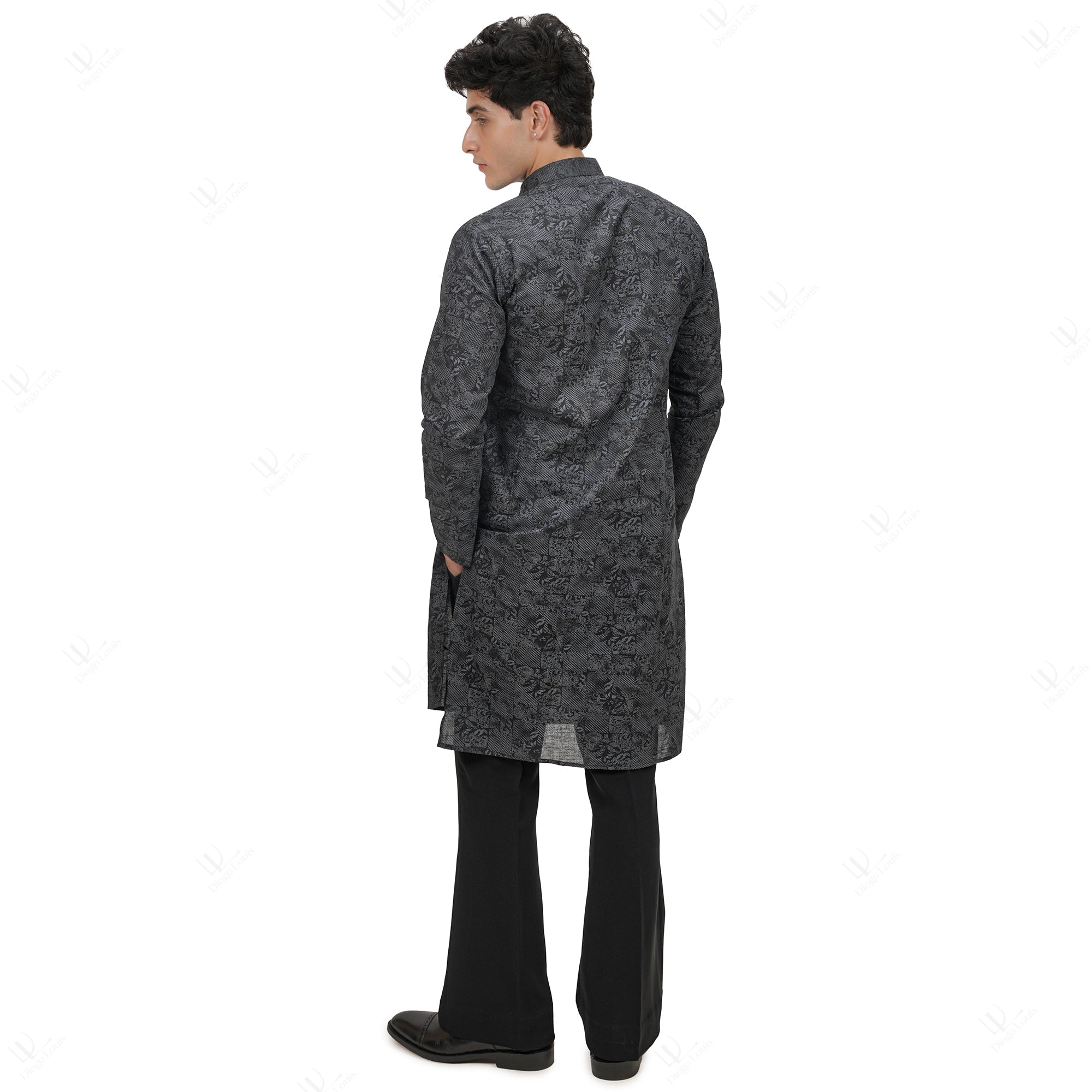 Premium Men's Black Cotton Linen Floral Printed Long Kurta
