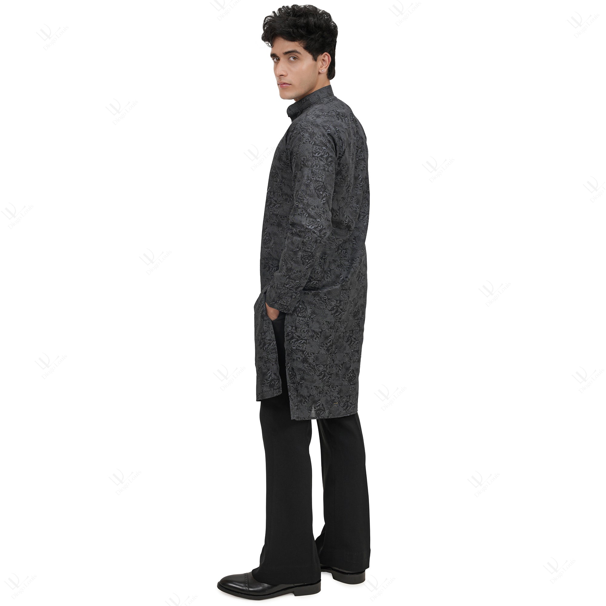 Premium Men's Black Cotton Linen Floral Printed Long Kurta