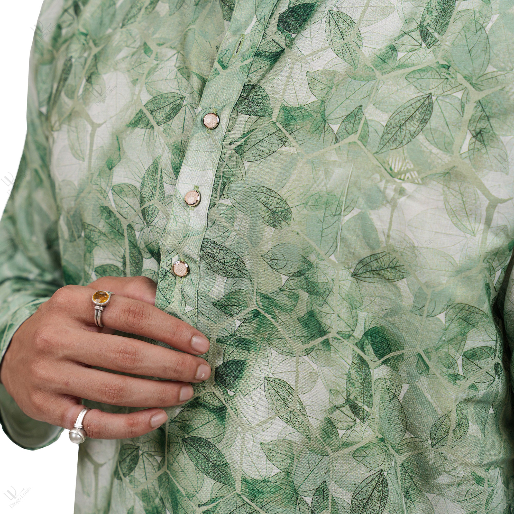 Men's Green Color Cotton Linen Floral Printed Long Kurta