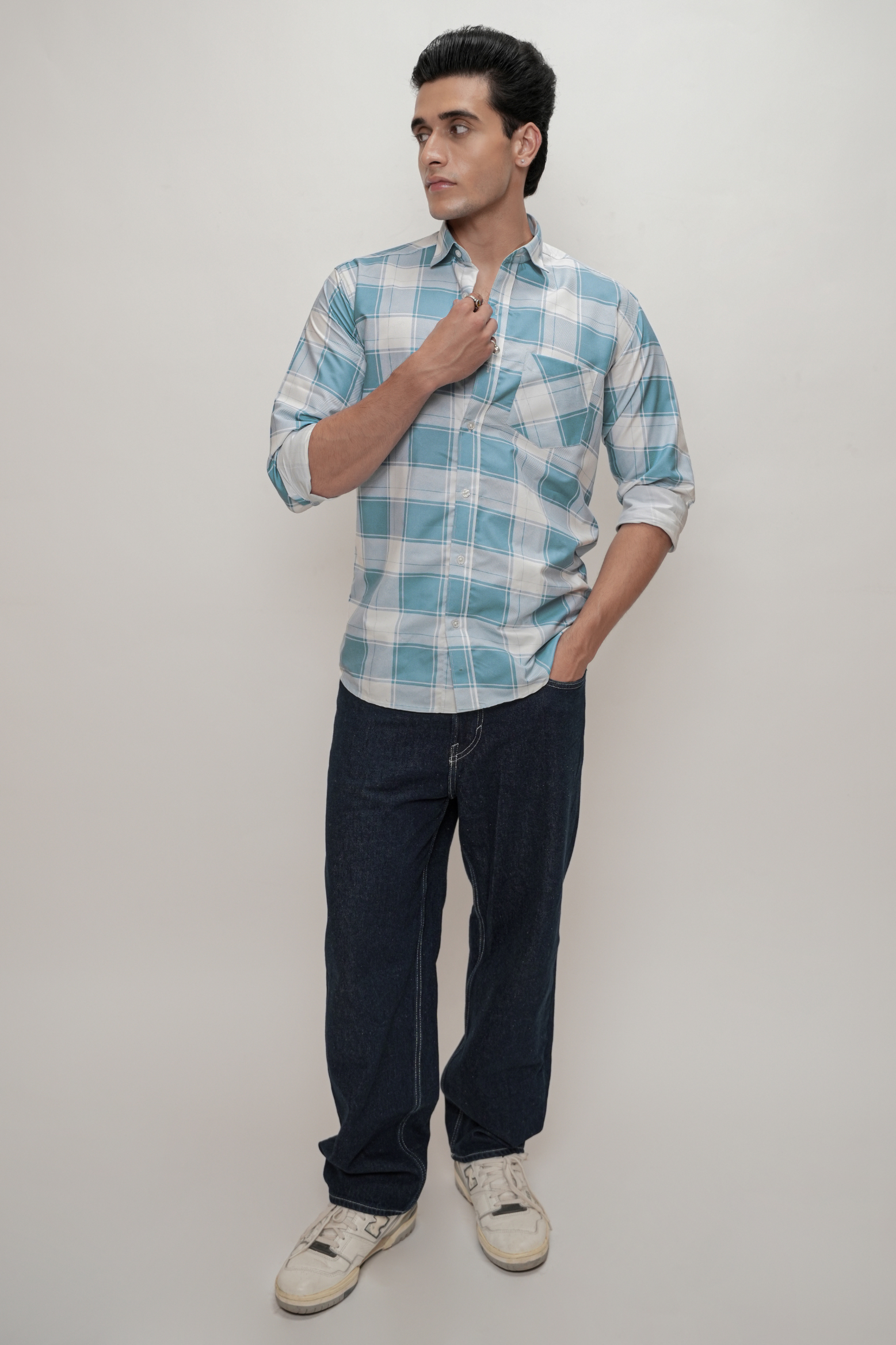 Square Check Cotton Blend Formal Shirt for Men Blue