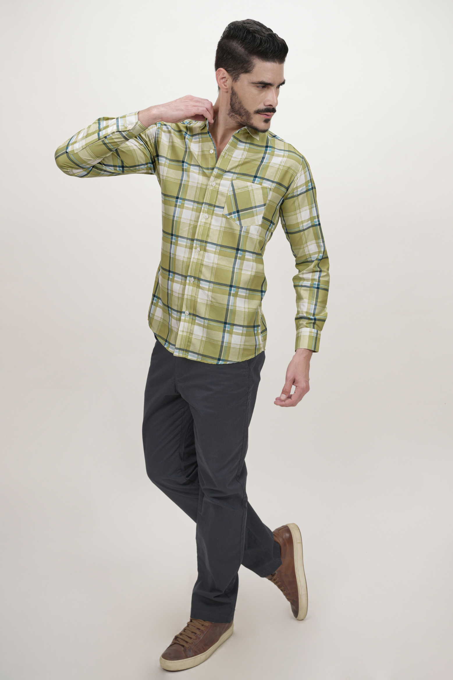 White Strip Checked Cotton Blend Formal Shirt for Men Olive Green