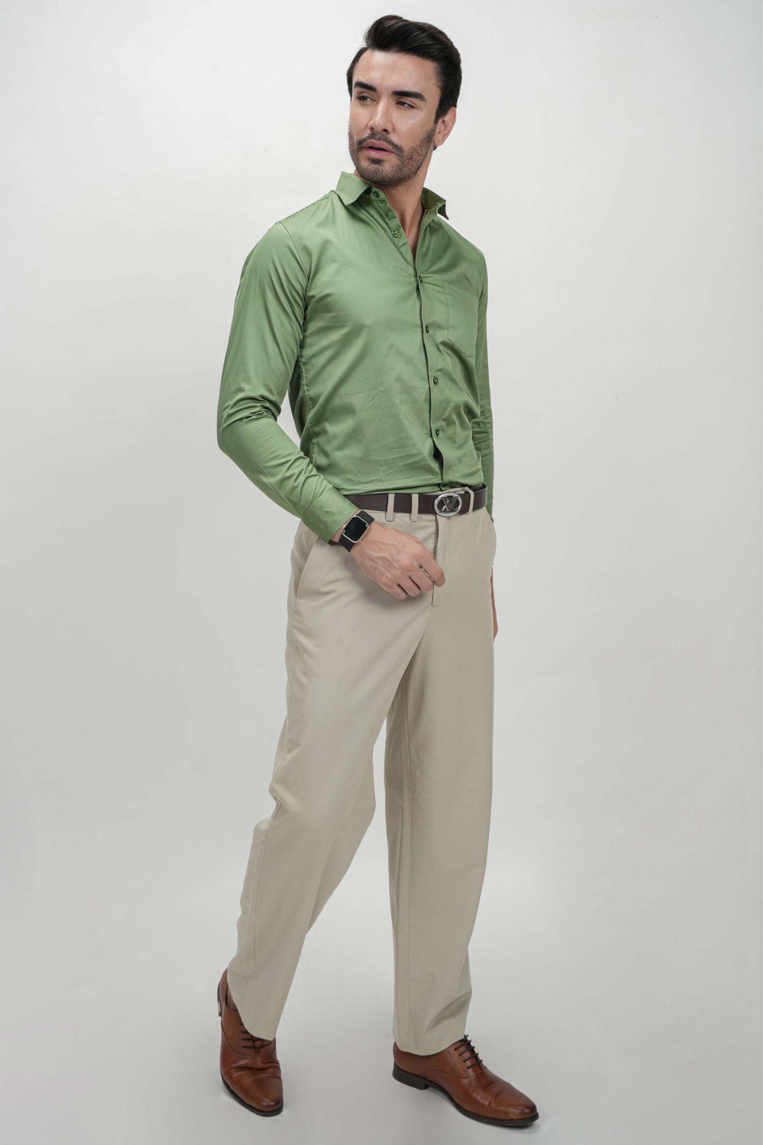 Olive Green Solid Plain Formal Shirts for Men - 100% Cotton