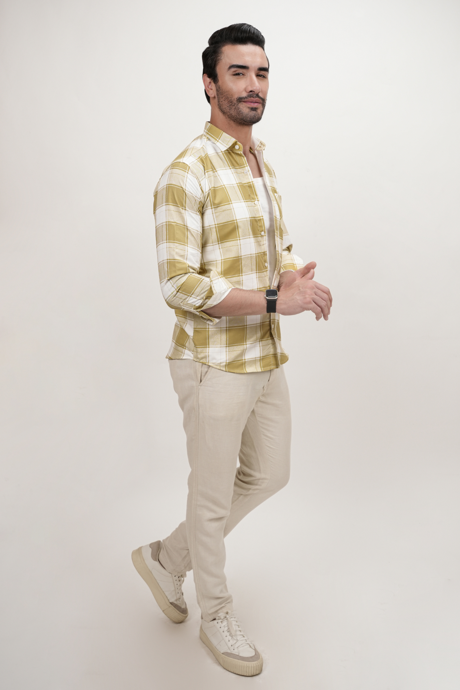 Square Pattern Cotton Blend Formal Shirt for Men Mustard