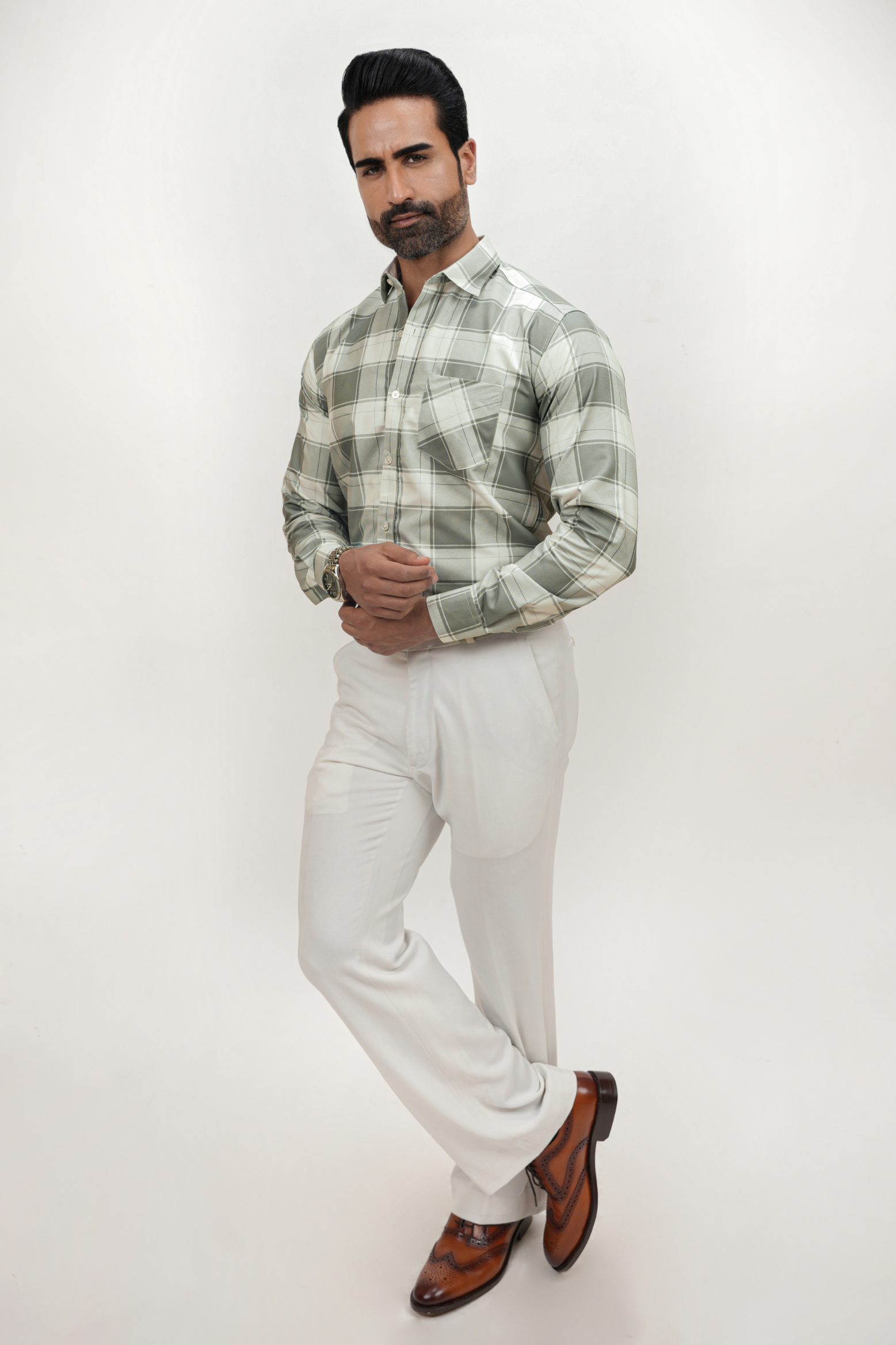 Square Pattern Cotton Blend Formal Shirt for Men Grey