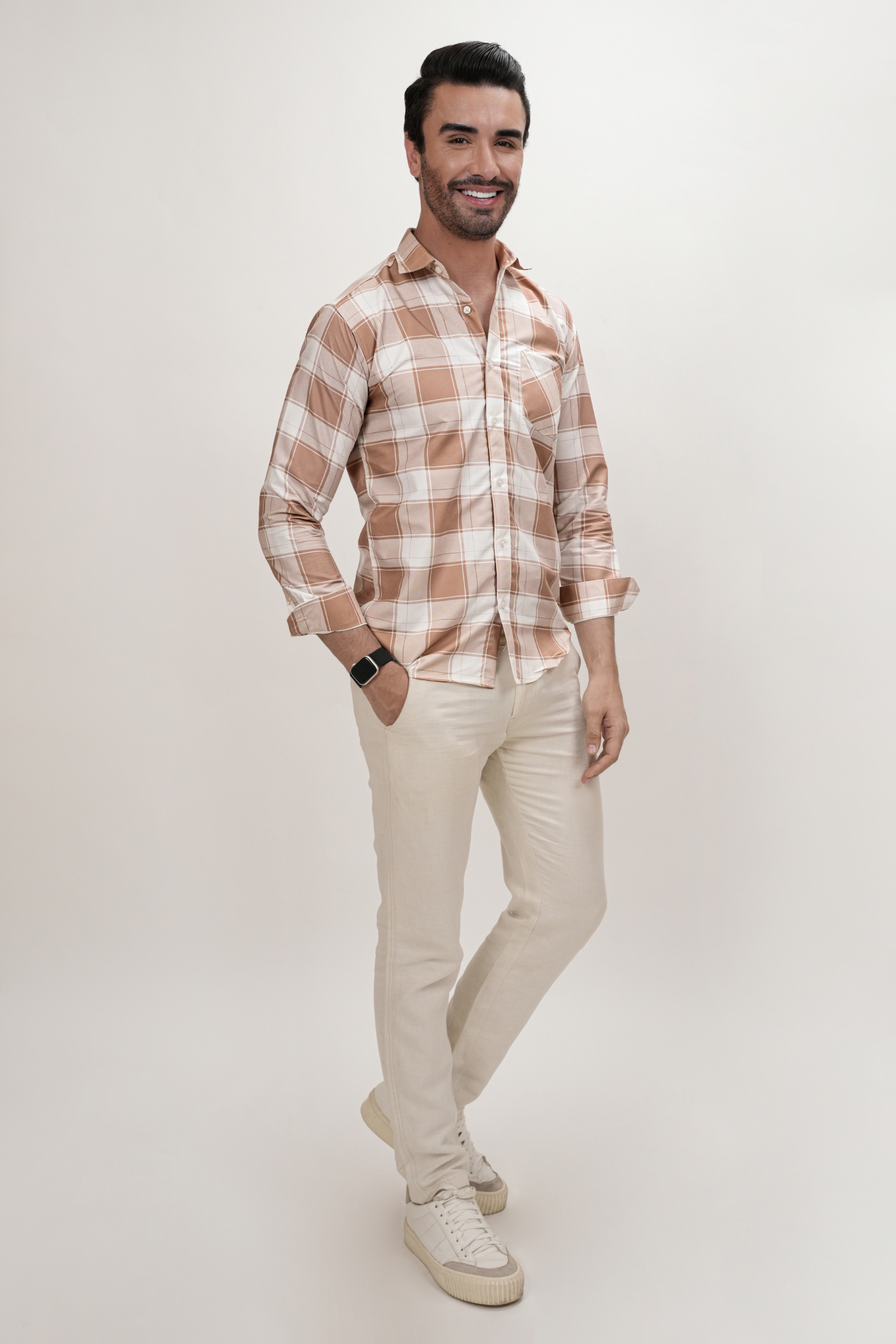 Square Pattern Cotton Blend Formal Shirt for Men Beige