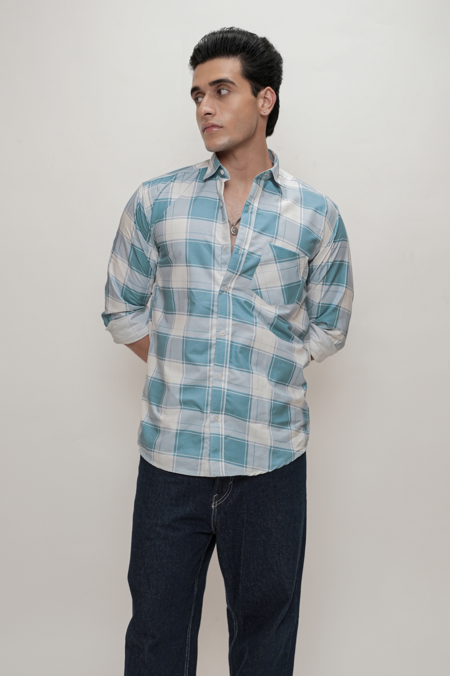 Square Check Cotton Blend Formal Shirt for Men Blue